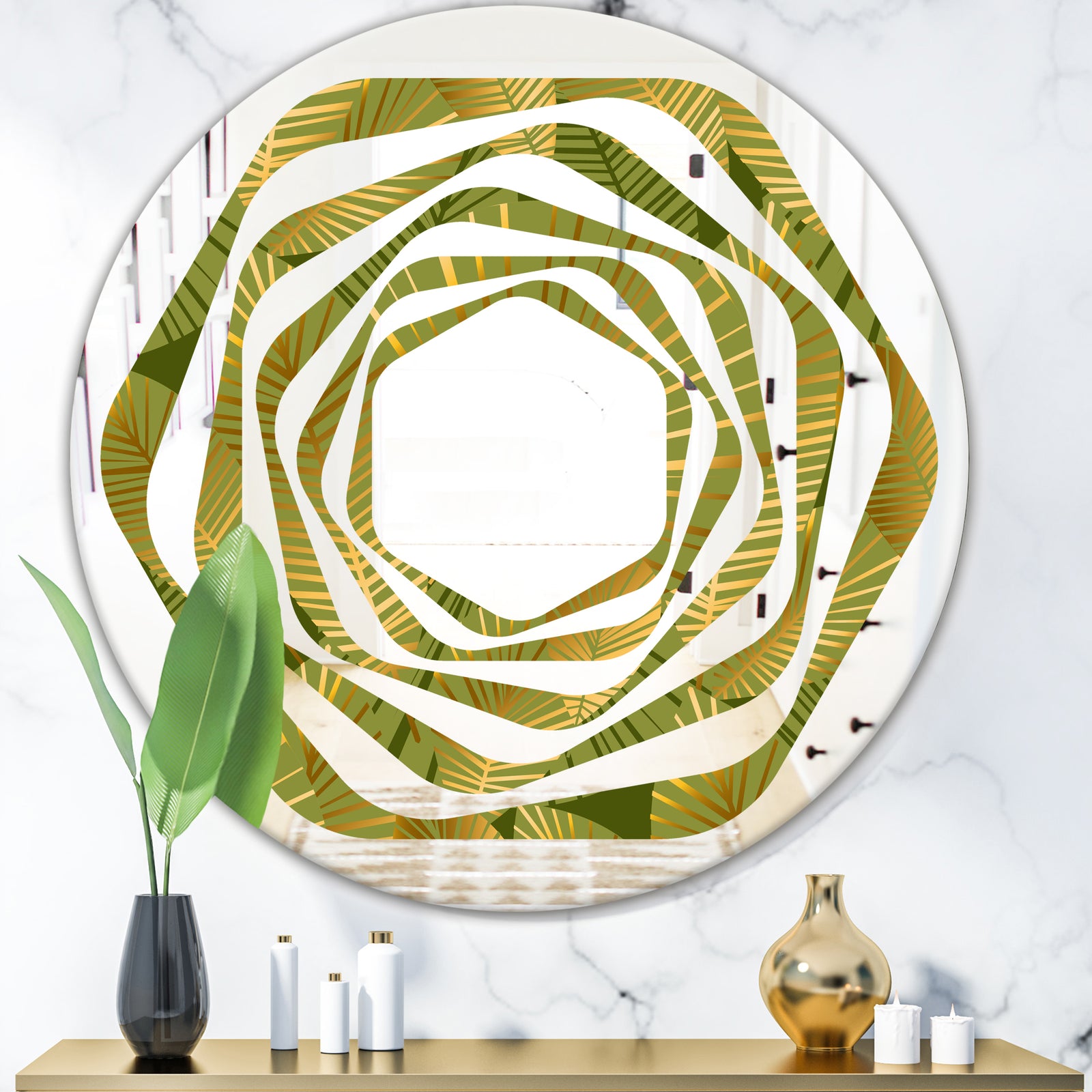 Golden Leaves I - Modern Round or Oval Wall Mirror - Whirl