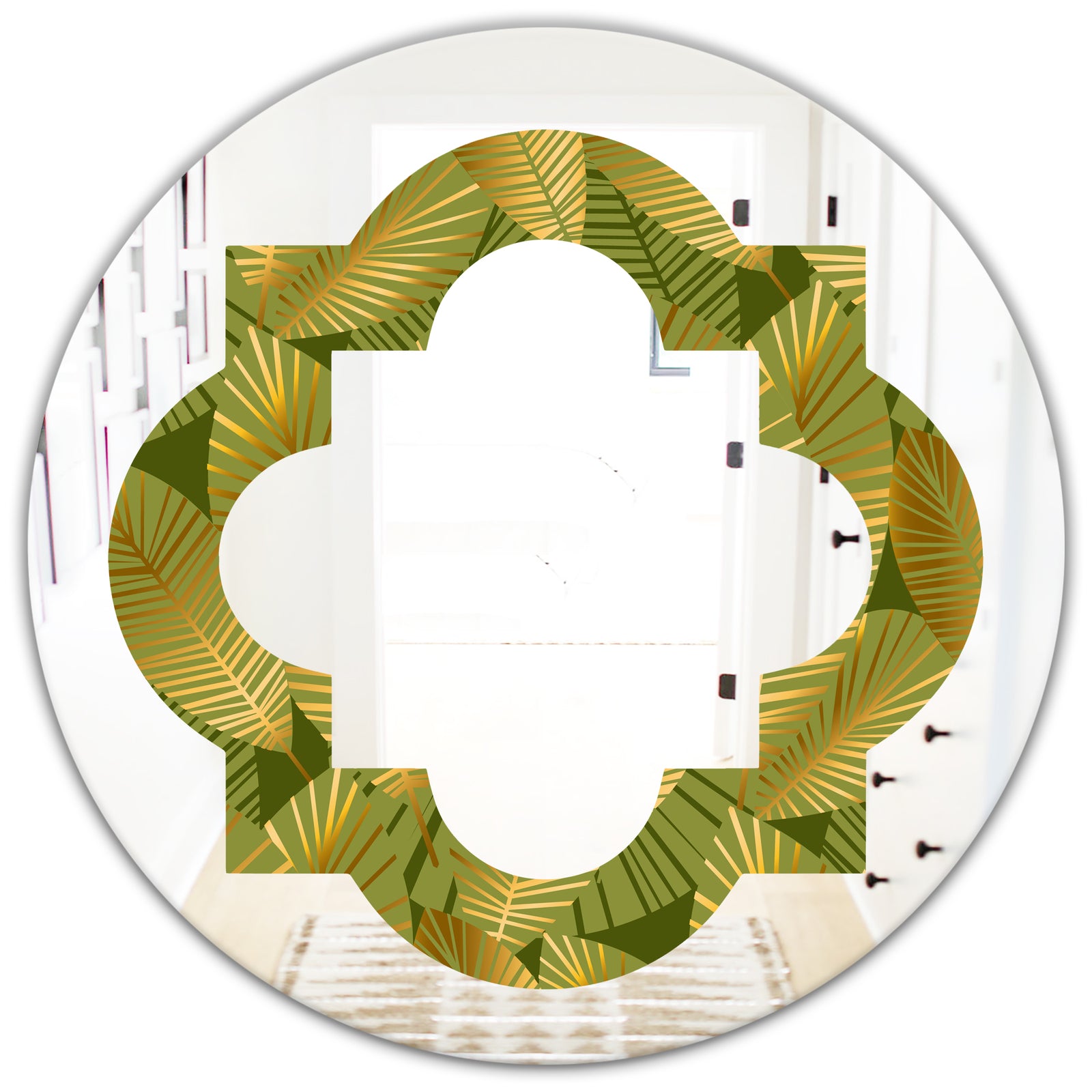 Golden Leaves I - Modern Round or Oval Wall Mirror - Quatrefoil