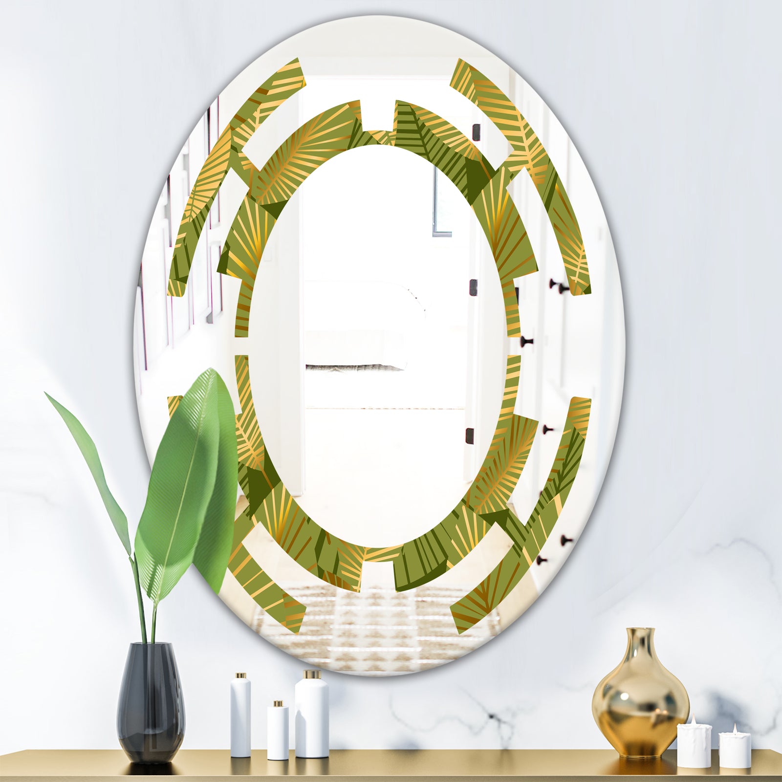 Golden Leaves I - Modern Round or Oval Wall Mirror - Space