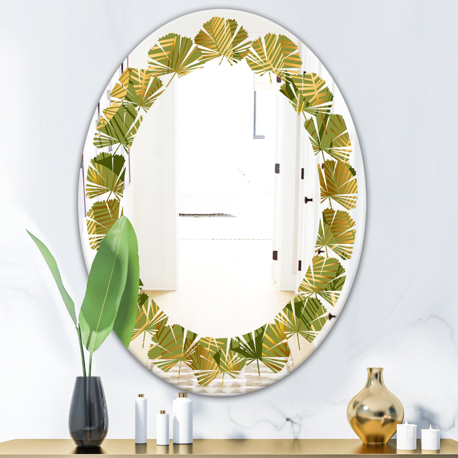 Golden Leaves I - Modern Round or Oval Wall Mirror - Leaves