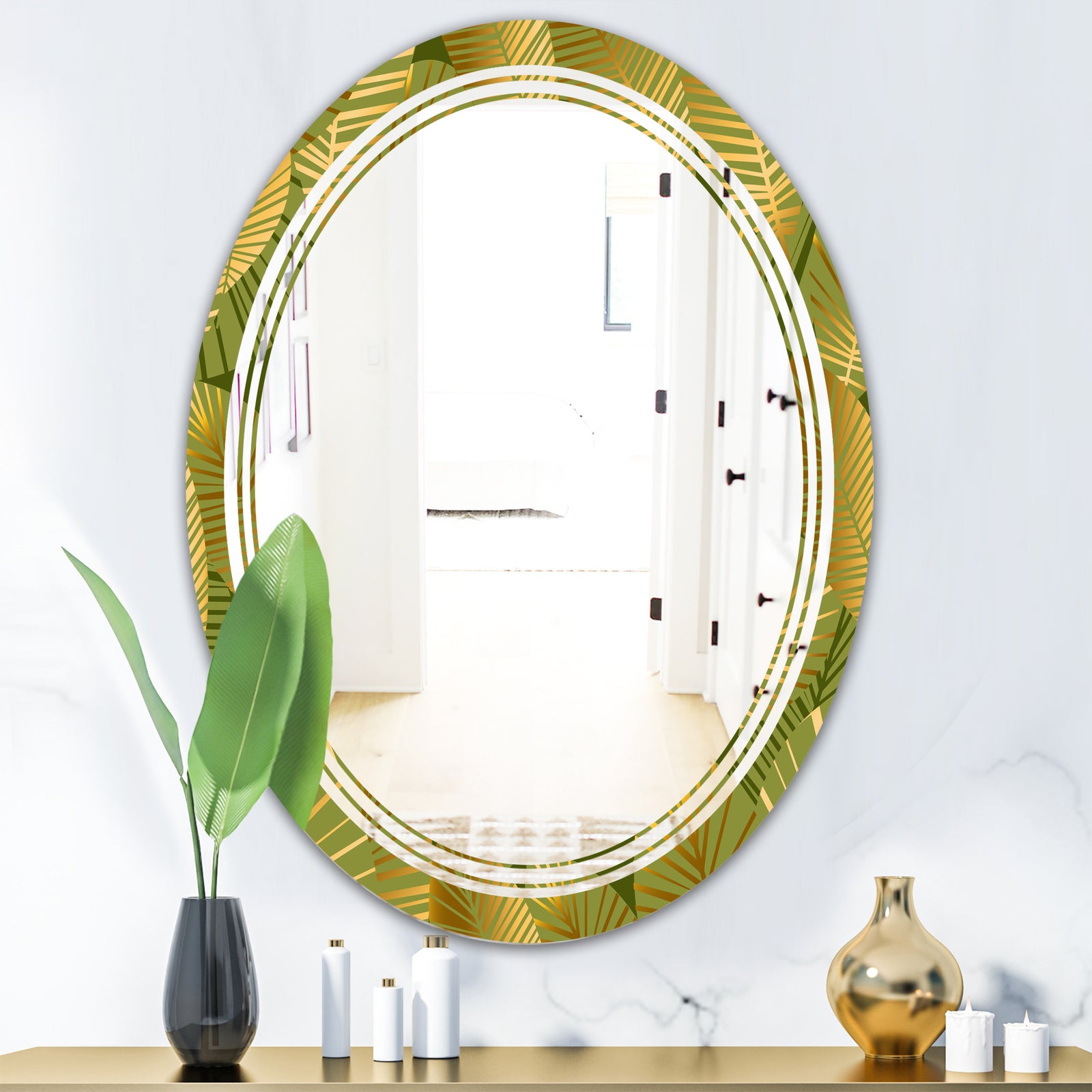 Golden Leaves I - Modern Round or Oval Wall Mirror - Triple C