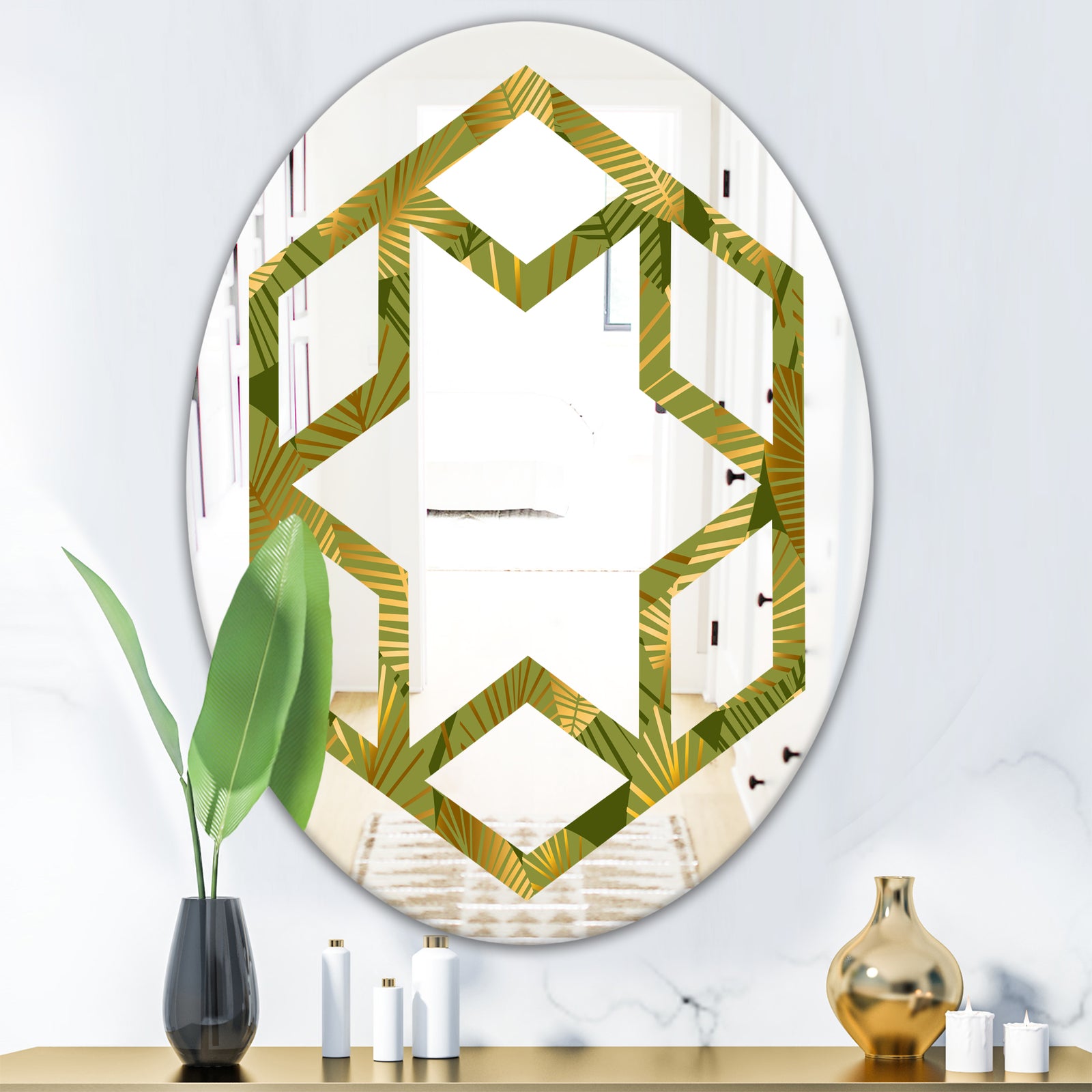 Golden Leaves I - Modern Round or Oval Wall Mirror - Hexagon Star
