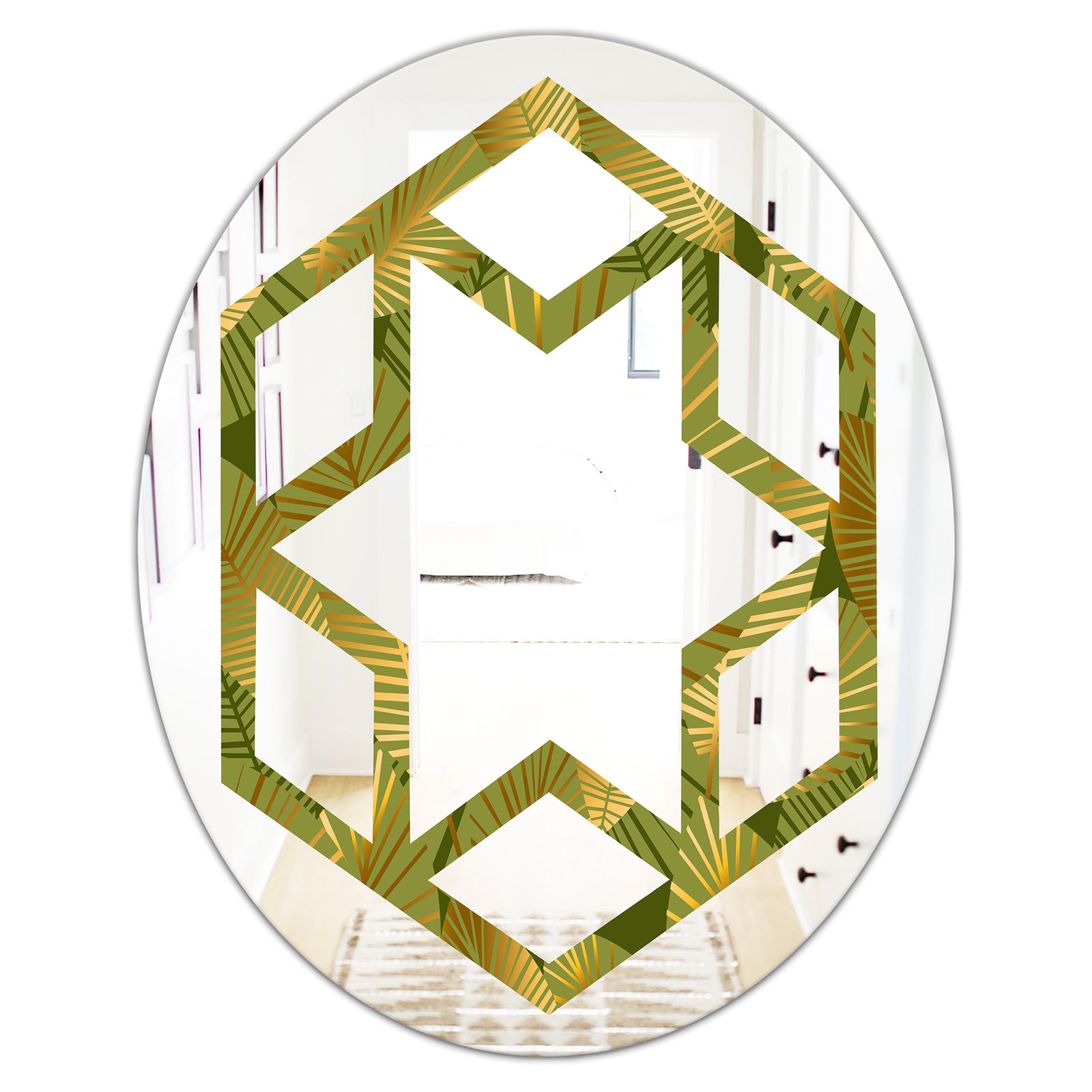 Golden Leaves I - Modern Round or Oval Wall Mirror - Hexagon Star