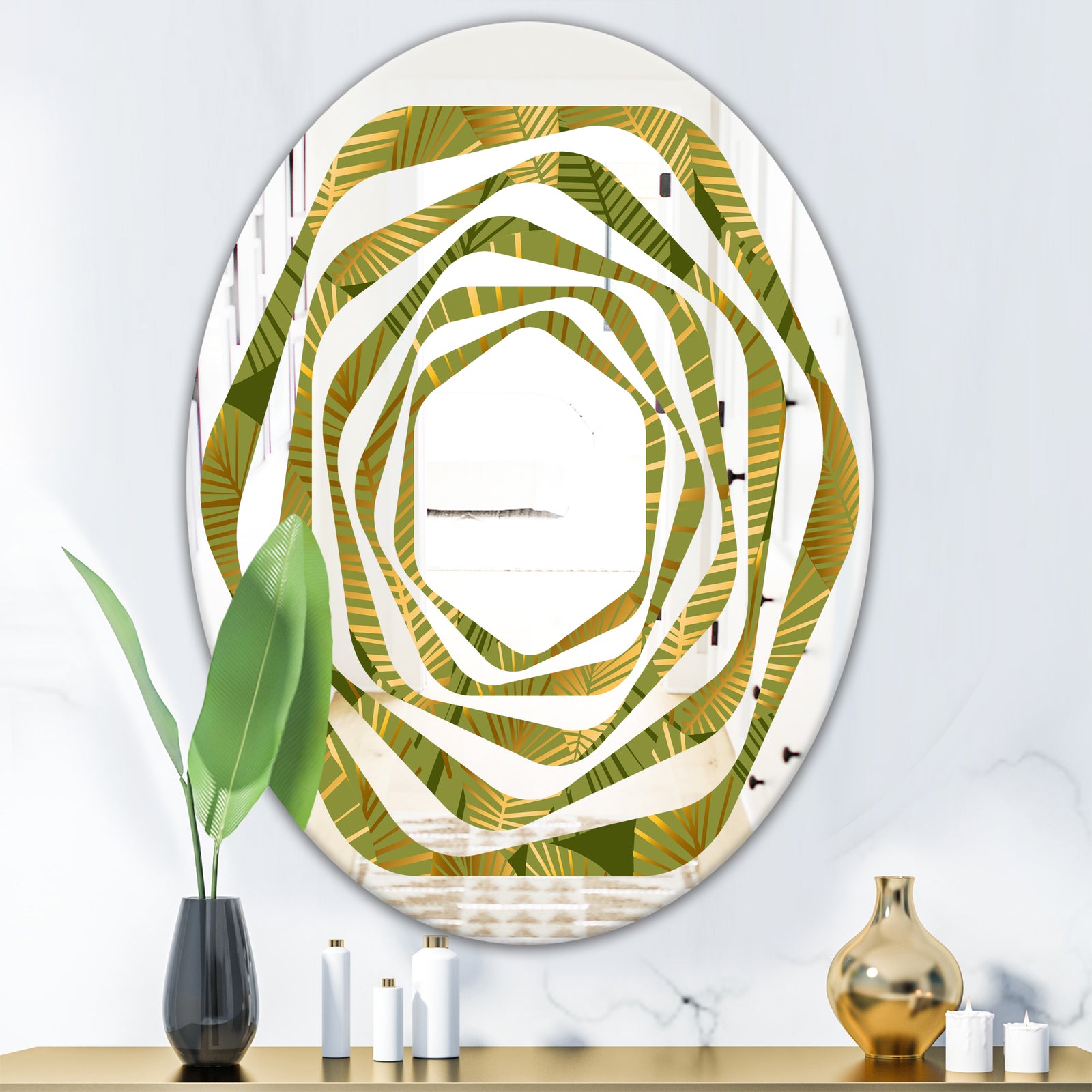 Golden Leaves I - Modern Round or Oval Wall Mirror - Whirl