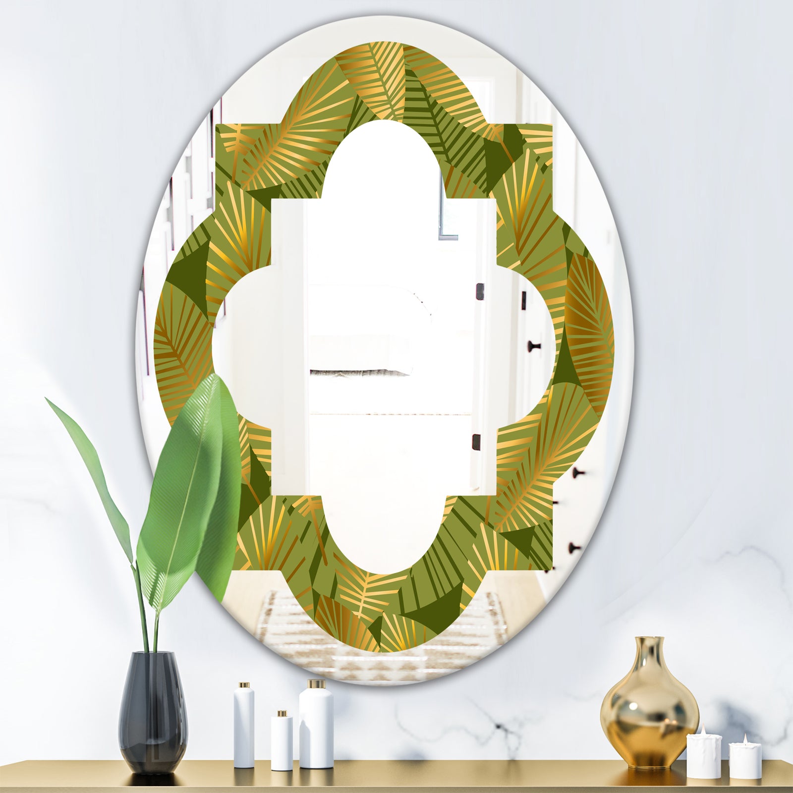 Golden Leaves I - Modern Round or Oval Wall Mirror - Quatrefoil