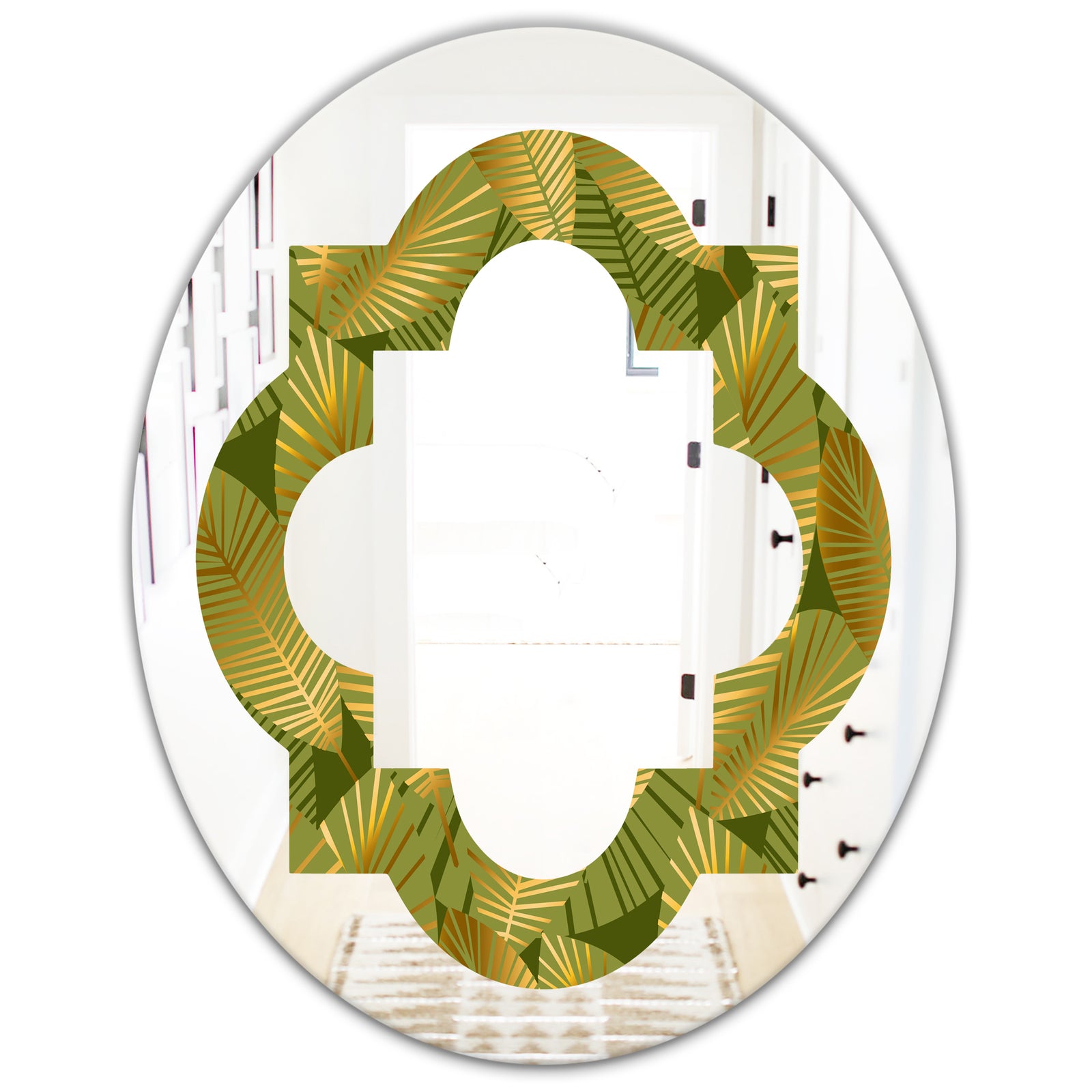 Golden Leaves I - Modern Round or Oval Wall Mirror - Quatrefoil