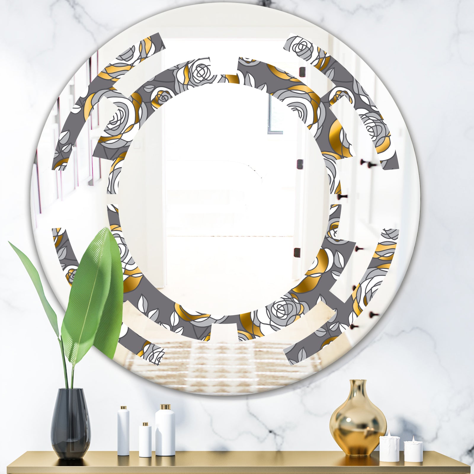 Golden Rose Flowers - Modern Round or Oval Wall Mirror - Space