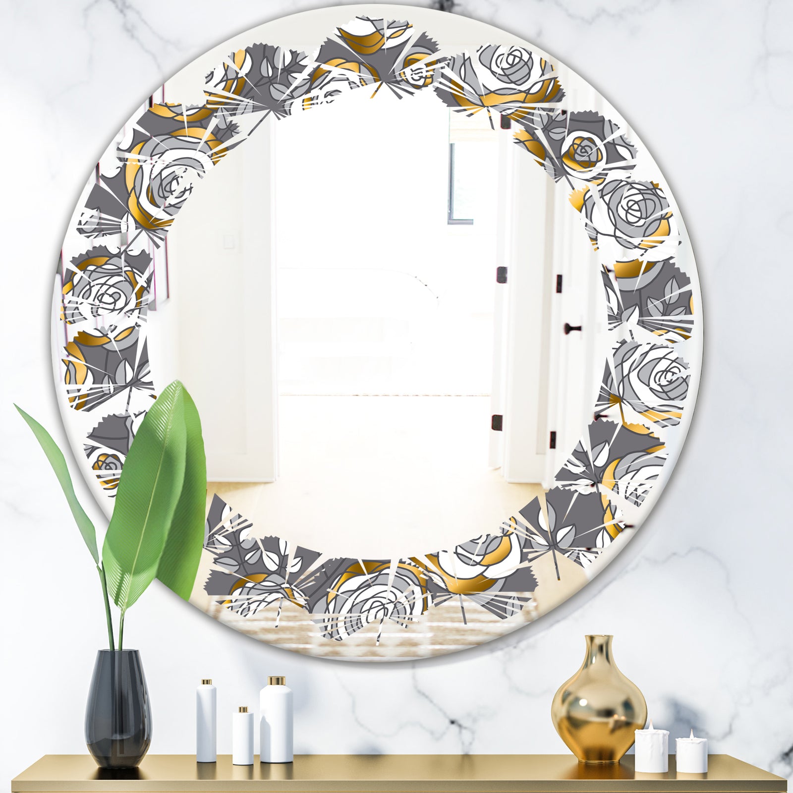 Golden Rose Flowers - Modern Round or Oval Wall Mirror - Leaves