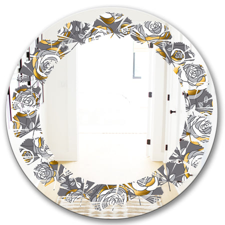 Golden Rose Flowers - Modern Round or Oval Wall Mirror - Leaves