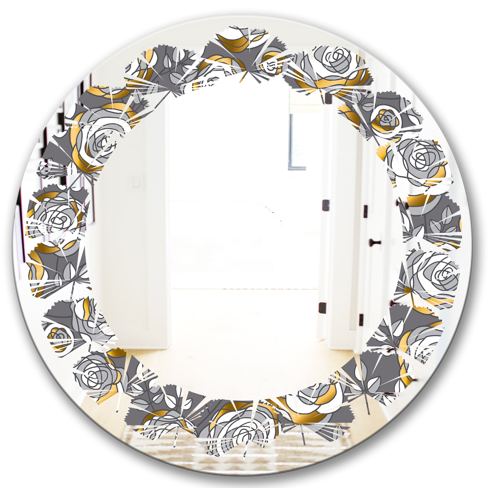 Golden Rose Flowers - Modern Round or Oval Wall Mirror - Leaves