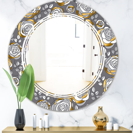 Golden Rose Flowers - Modern Round or Oval Wall Mirror - Triple C
