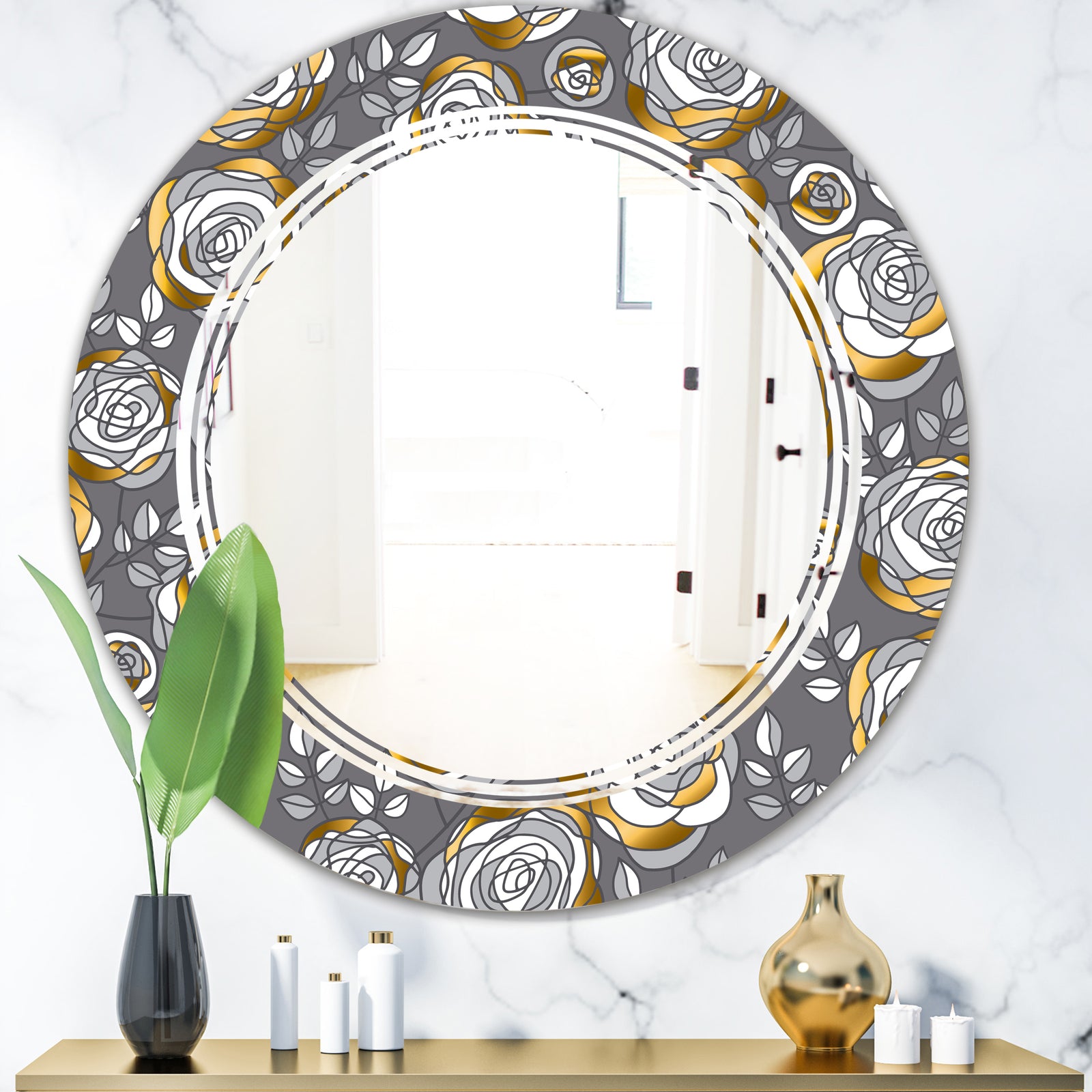 Golden Rose Flowers - Modern Round or Oval Wall Mirror - Triple C