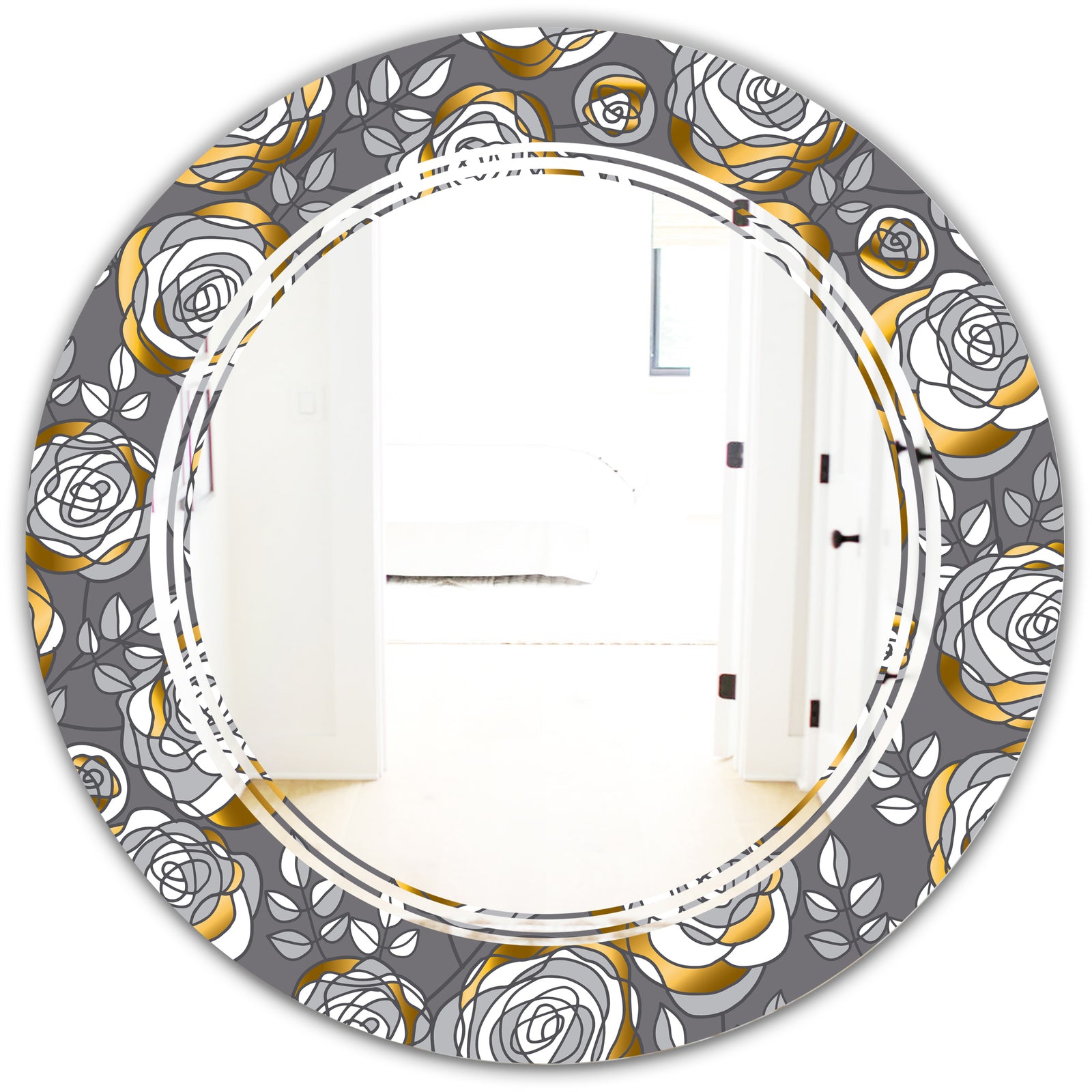 Golden Rose Flowers - Modern Round or Oval Wall Mirror - Triple C