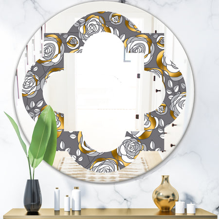 Golden Rose Flowers - Modern Round or Oval Wall Mirror - Quatrefoil