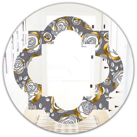Golden Rose Flowers - Modern Round or Oval Wall Mirror - Quatrefoil