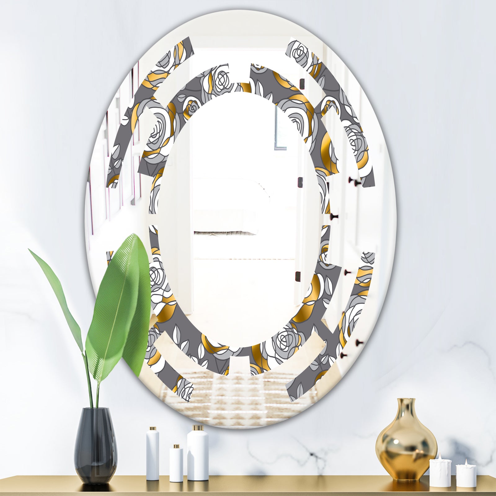 Golden Rose Flowers - Modern Round or Oval Wall Mirror - Space
