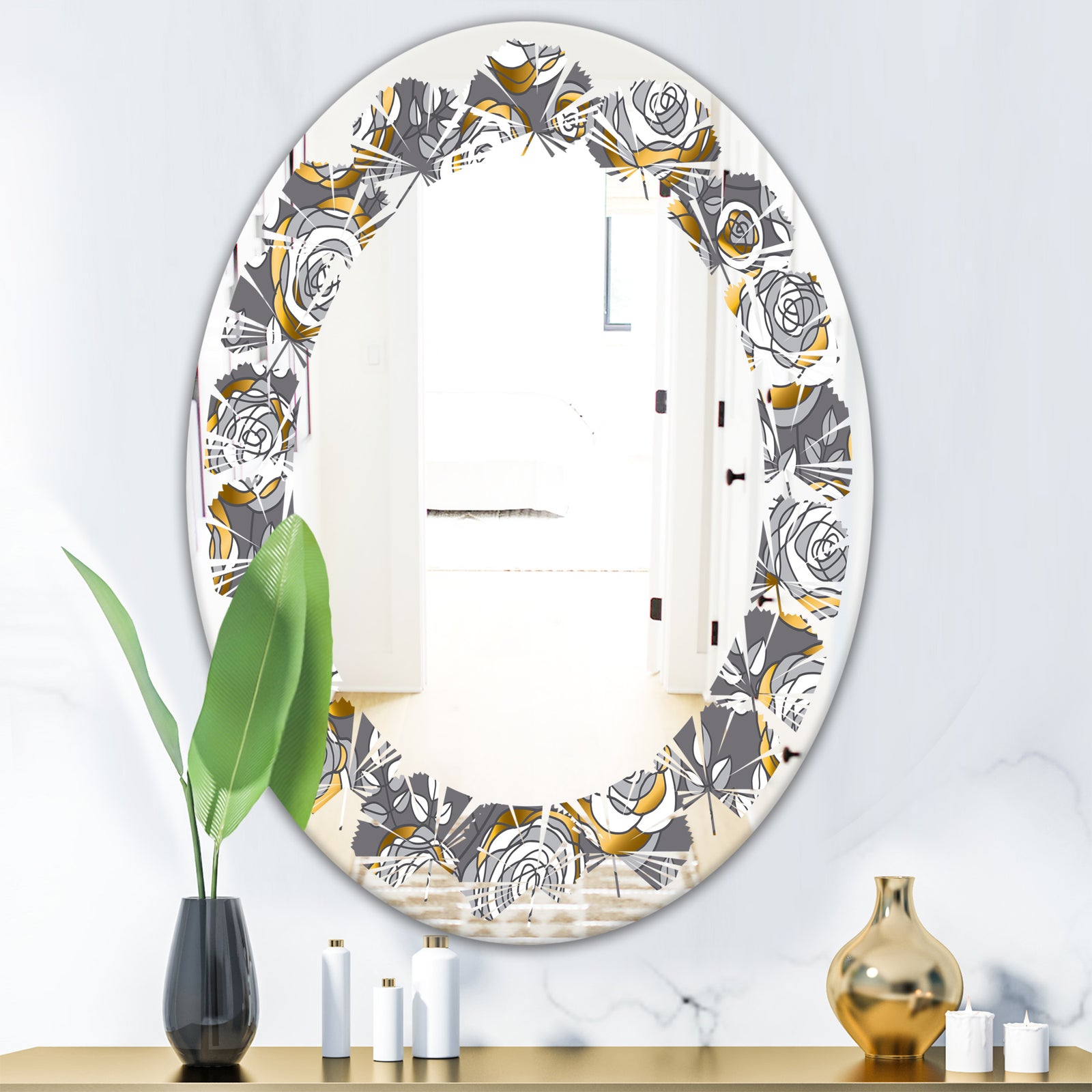 Golden Rose Flowers - Modern Round or Oval Wall Mirror - Leaves