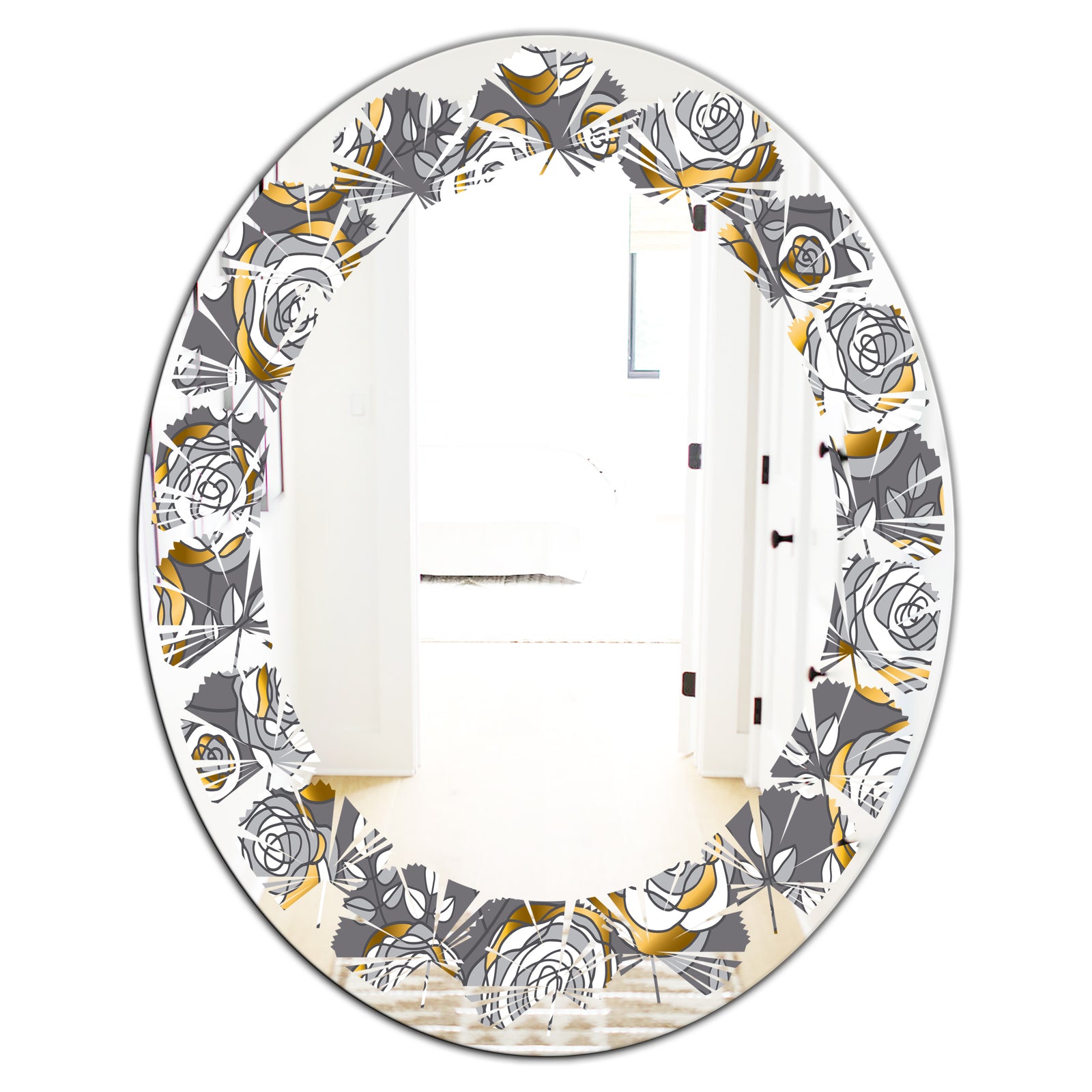 Golden Rose Flowers - Modern Round or Oval Wall Mirror - Leaves