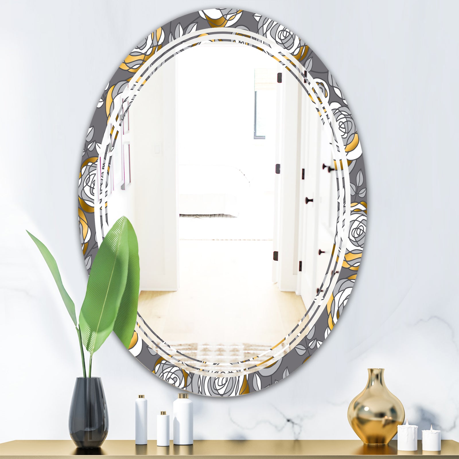 Golden Rose Flowers - Modern Round or Oval Wall Mirror - Triple C
