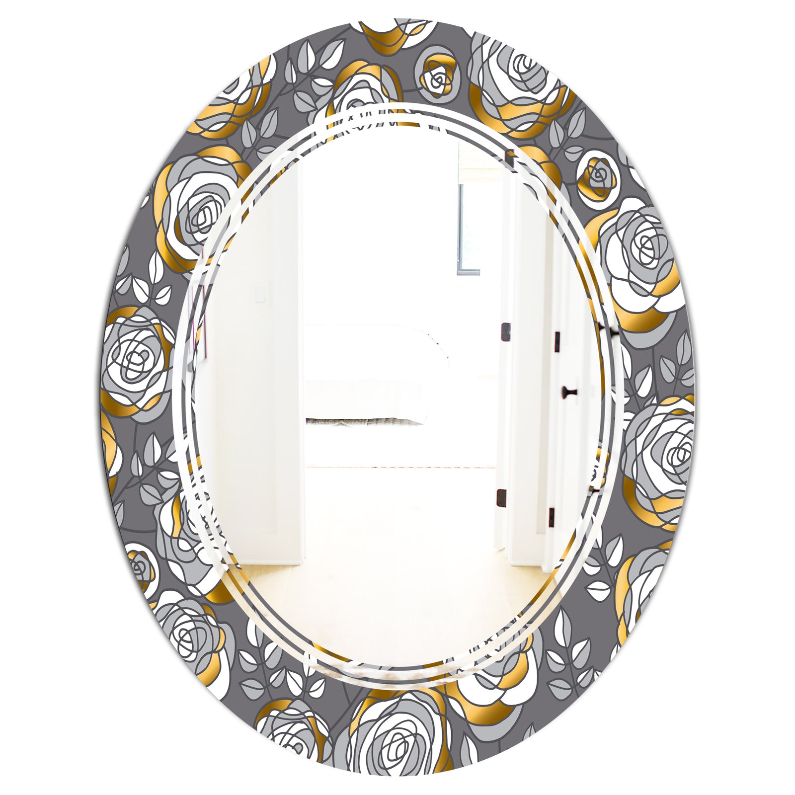Golden Rose Flowers - Modern Round or Oval Wall Mirror - Triple C
