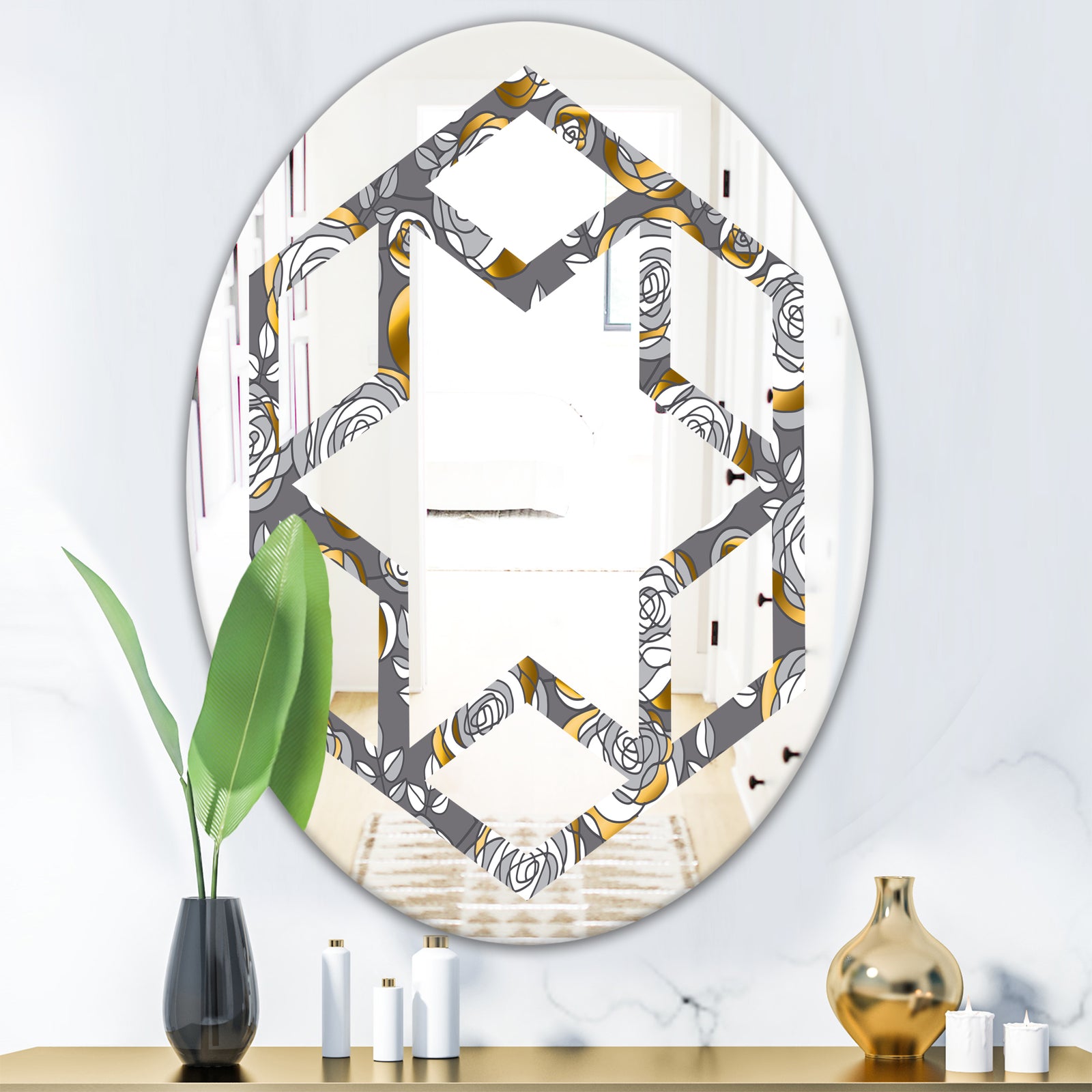 Golden Rose Flowers - Modern Round or Oval Wall Mirror - Hexagon Star