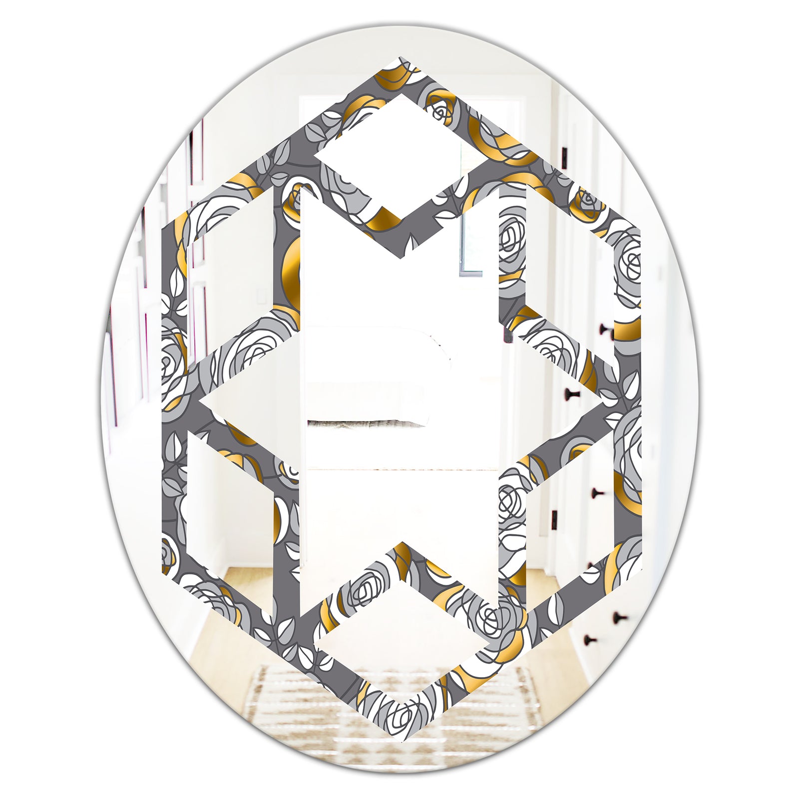 Golden Rose Flowers - Modern Round or Oval Wall Mirror - Hexagon Star