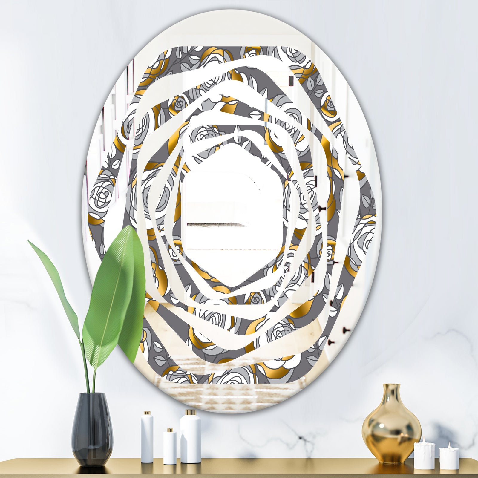 Golden Rose Flowers - Modern Round or Oval Wall Mirror - Whirl