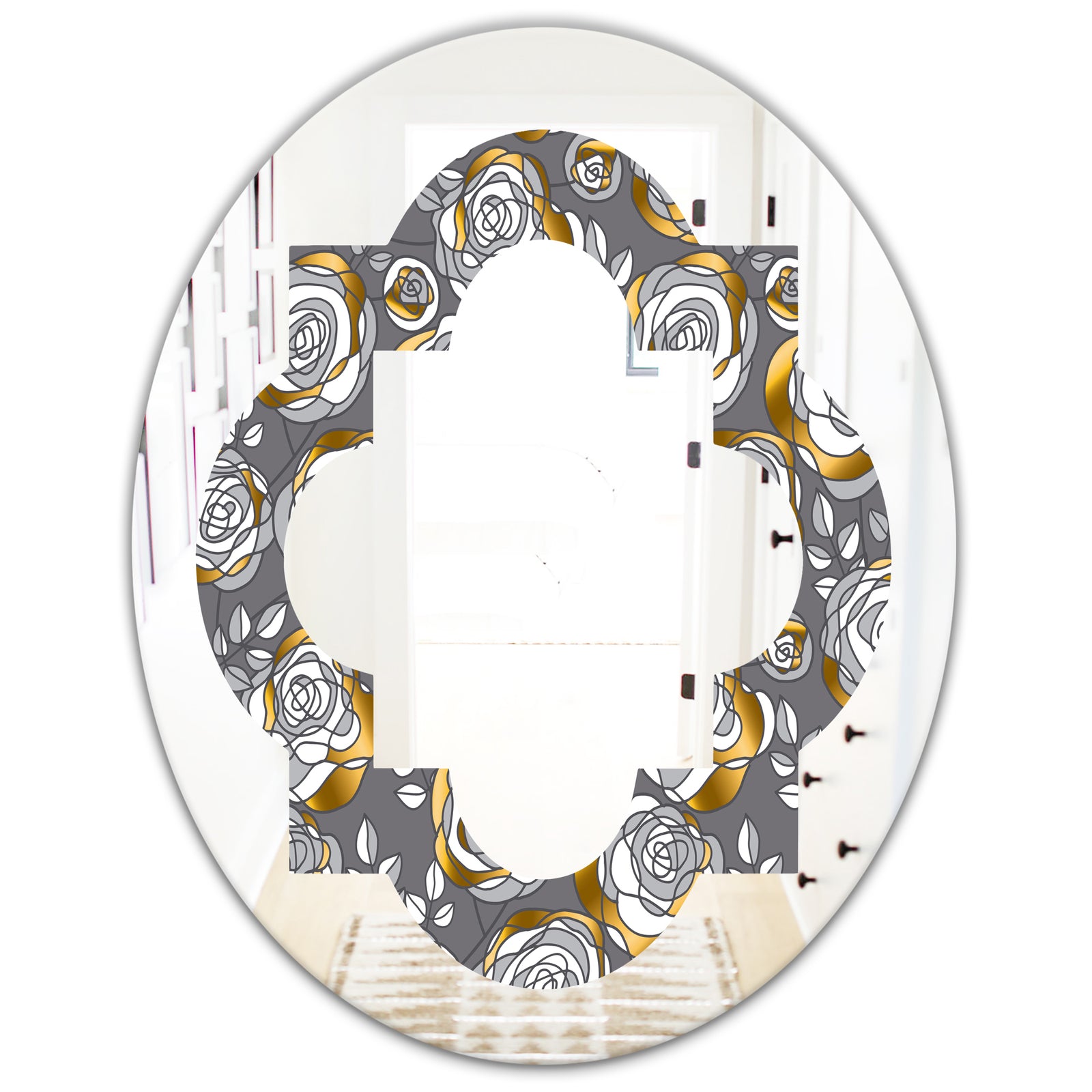 Golden Rose Flowers - Modern Round or Oval Wall Mirror - Quatrefoil