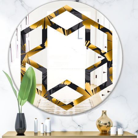 Golden Palm Leaves III - Modern Round or Oval Wall Mirror - Hexagon Star