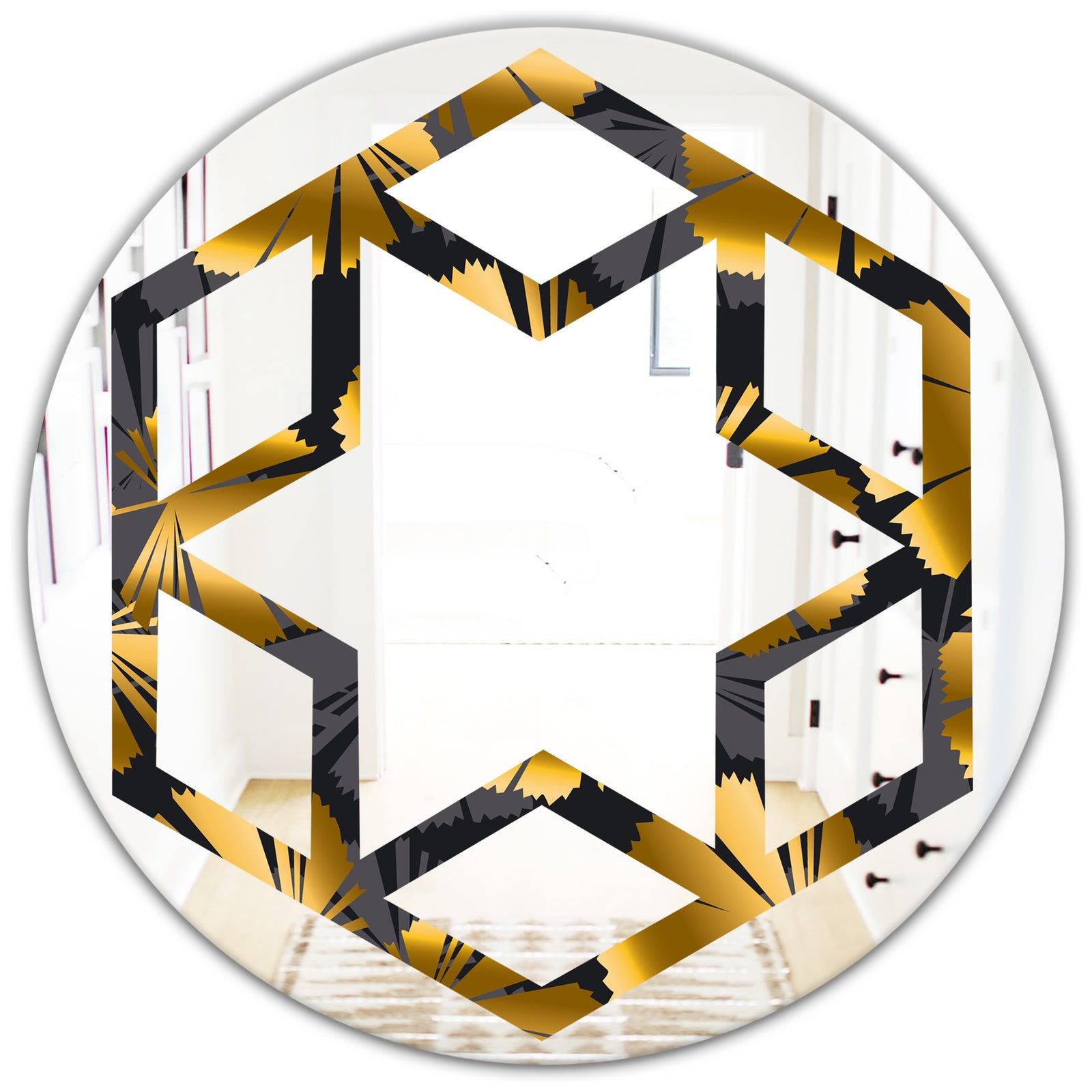 Golden Palm Leaves III - Modern Round or Oval Wall Mirror - Hexagon Star
