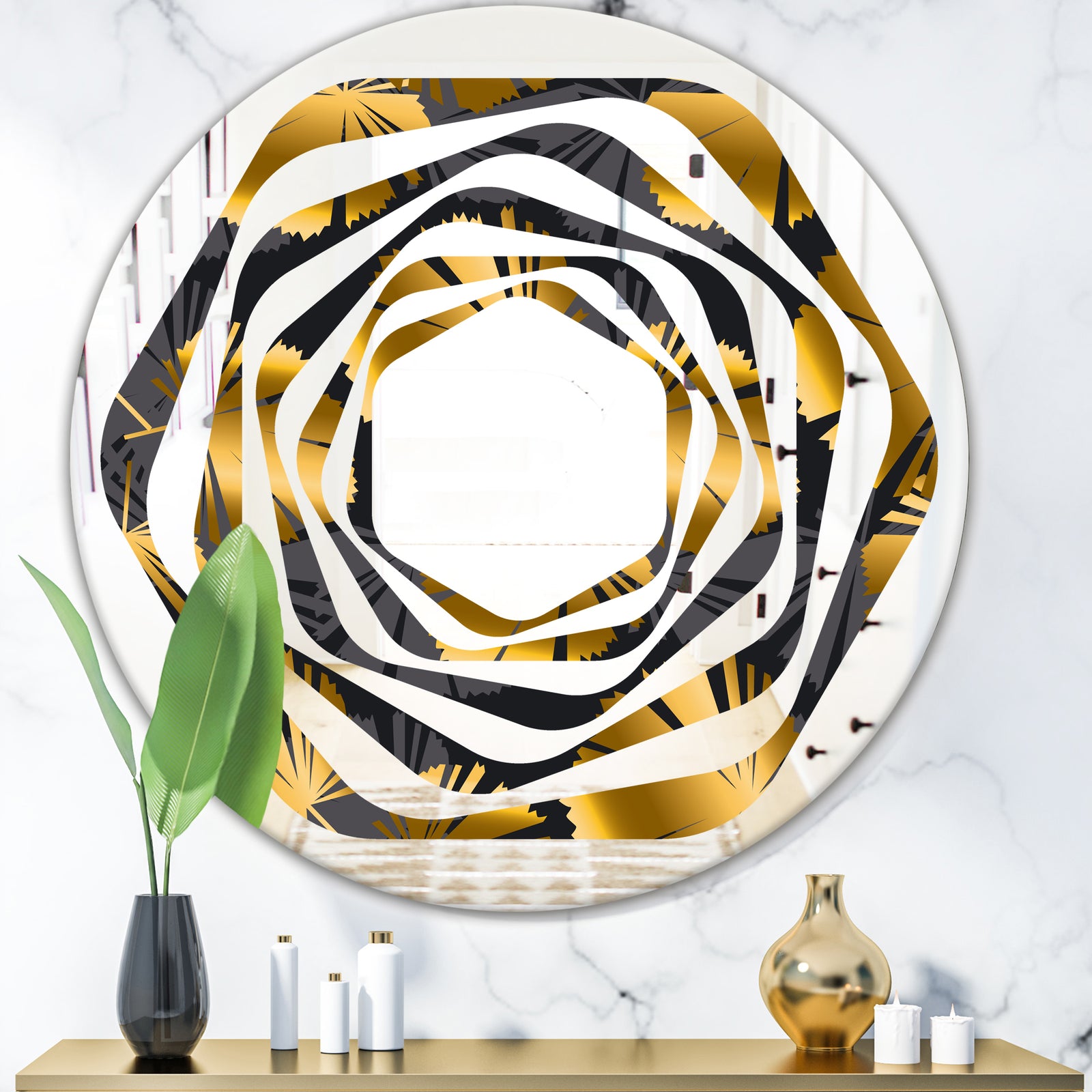Golden Palm Leaves III - Modern Round or Oval Wall Mirror - Whirl