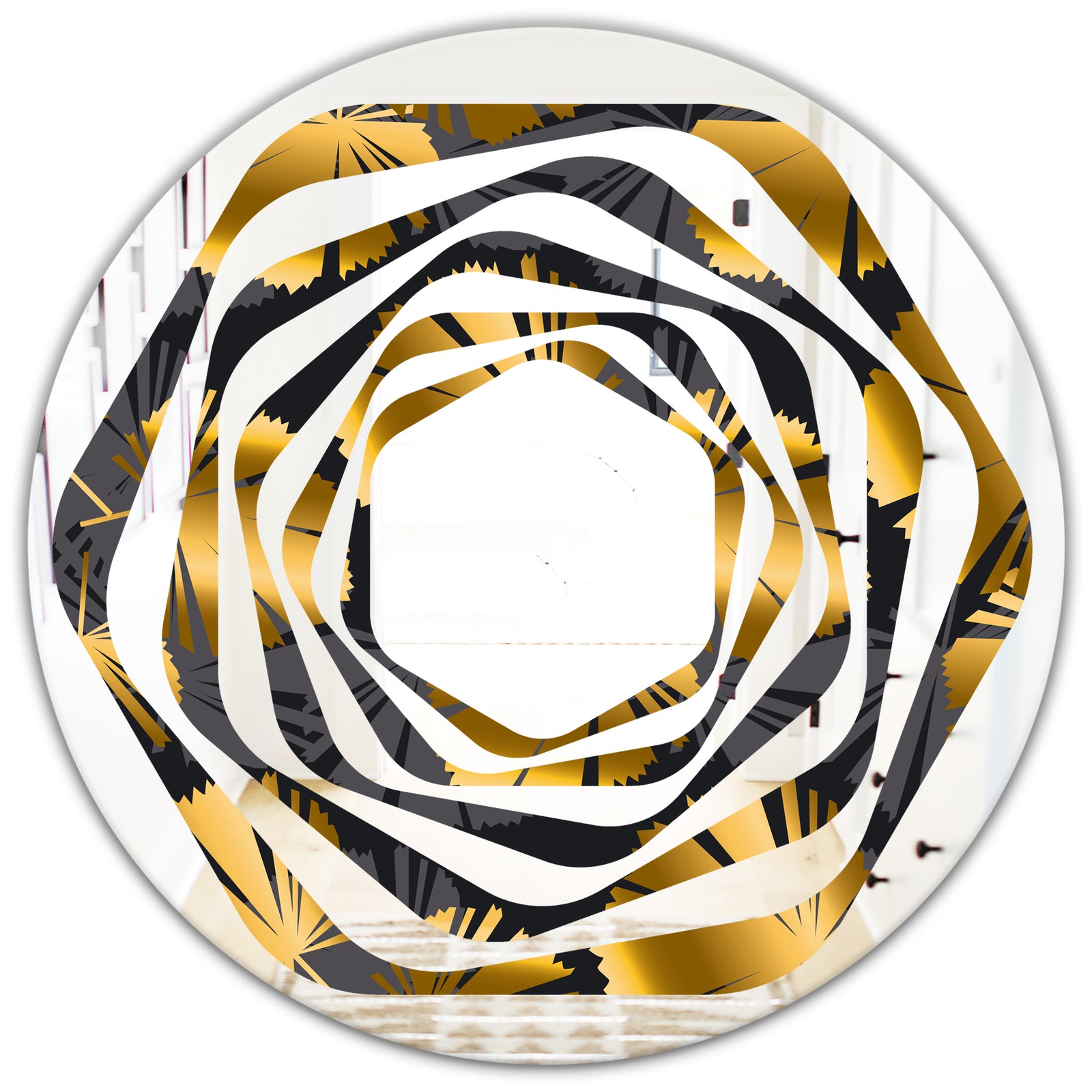 Golden Palm Leaves III - Modern Round or Oval Wall Mirror - Whirl