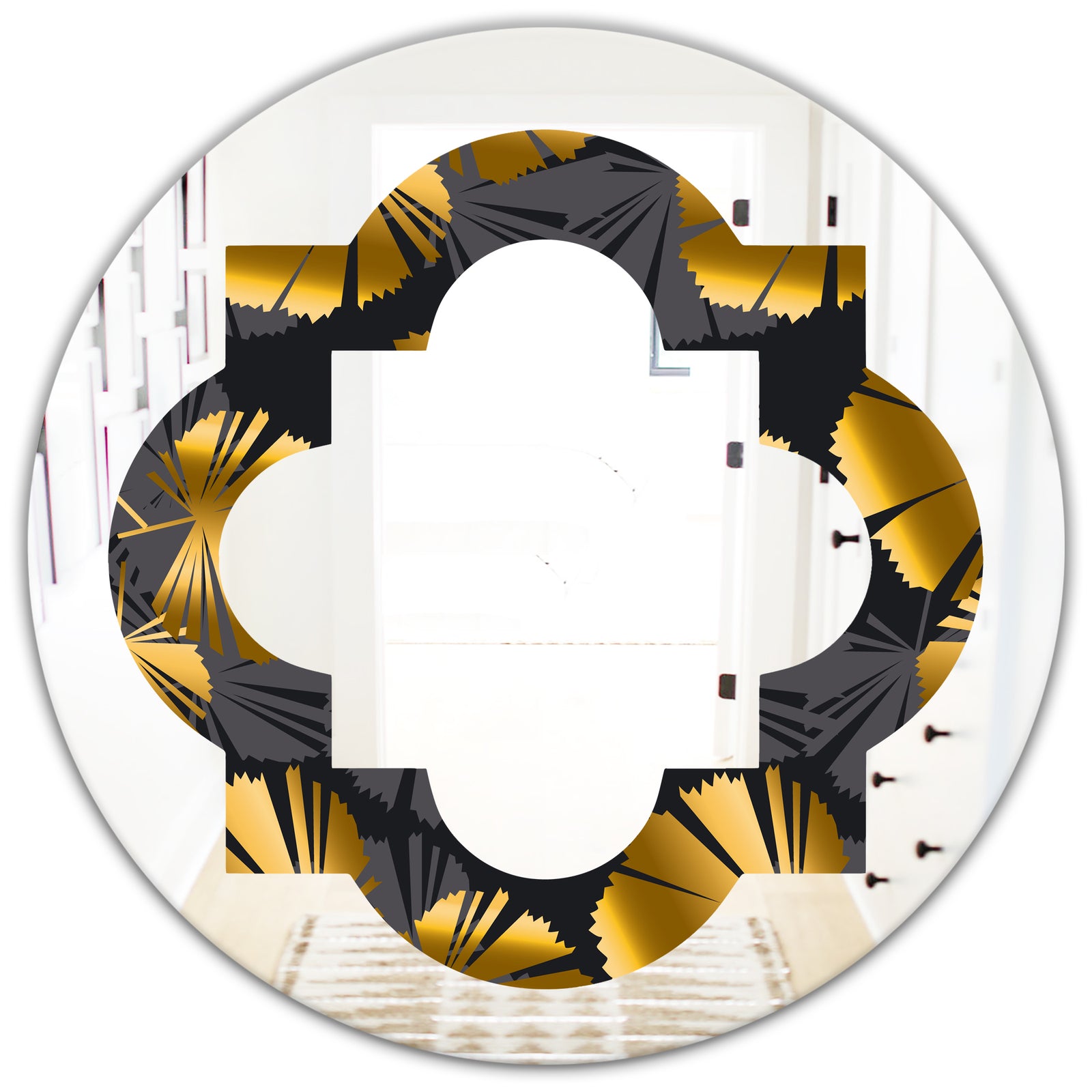 Golden Palm Leaves III - Modern Round or Oval Wall Mirror - Quatrefoil