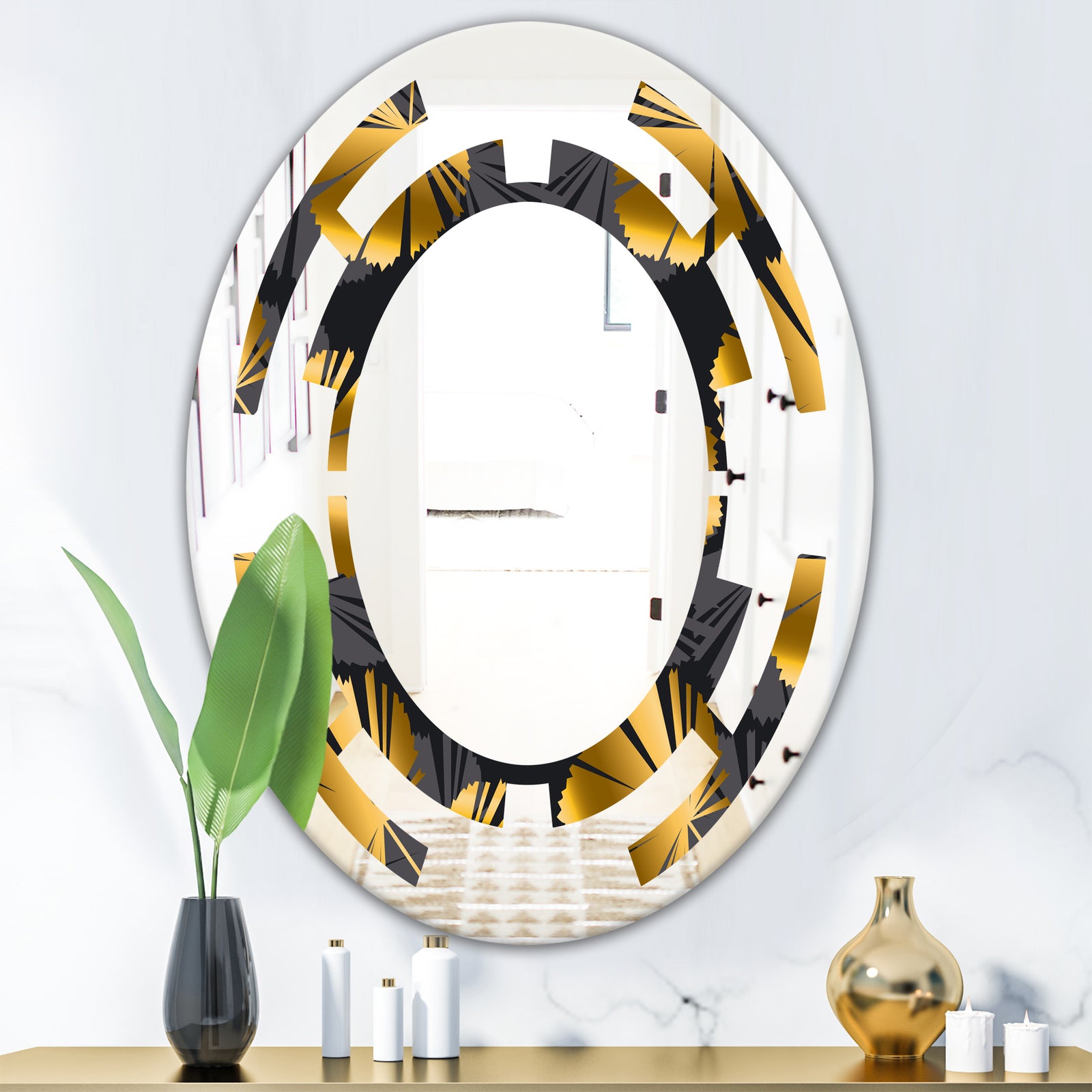 Golden Palm Leaves III - Modern Round or Oval Wall Mirror - Space