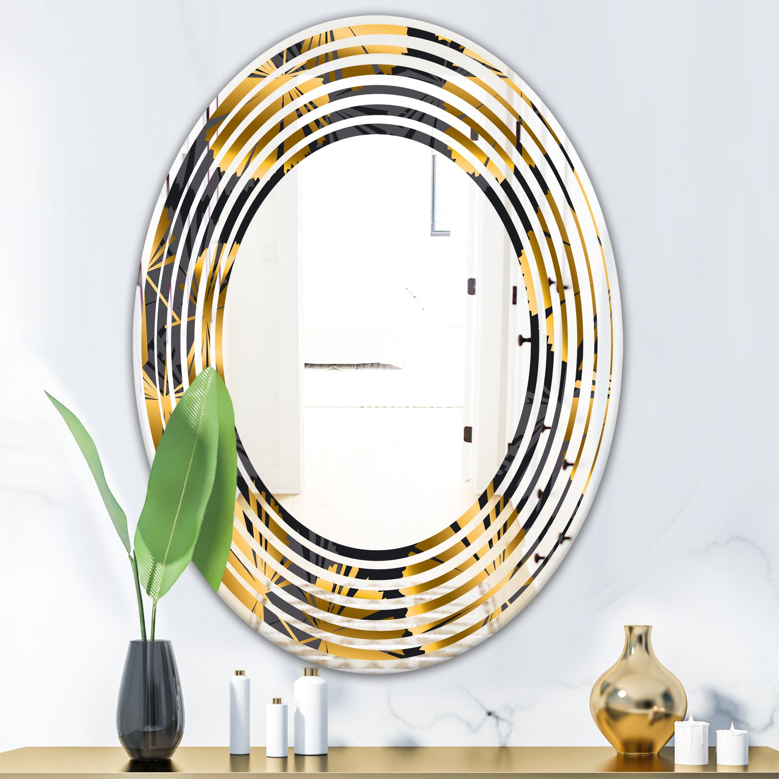 Golden Palm Leaves III - Modern Round or Oval Wall Mirror - Wave