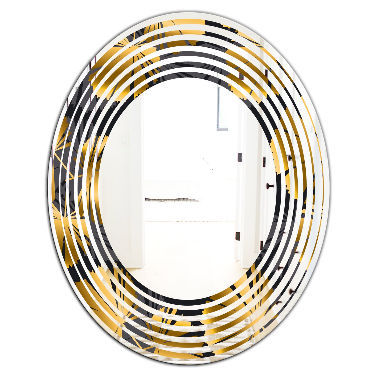 Golden Palm Leaves III - Modern Round or Oval Wall Mirror - Wave