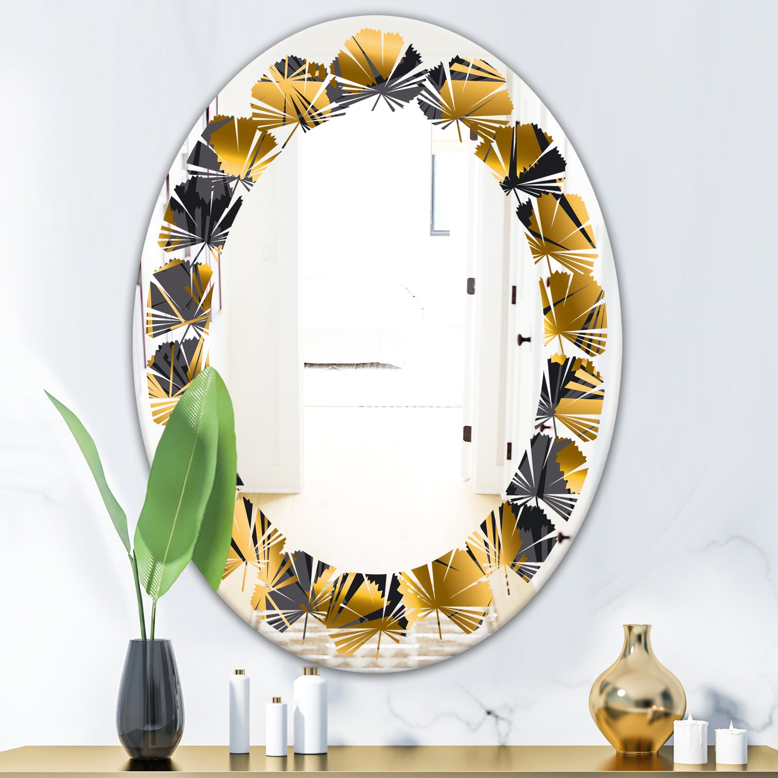 Golden Palm Leaves III - Modern Round or Oval Wall Mirror - Leaves