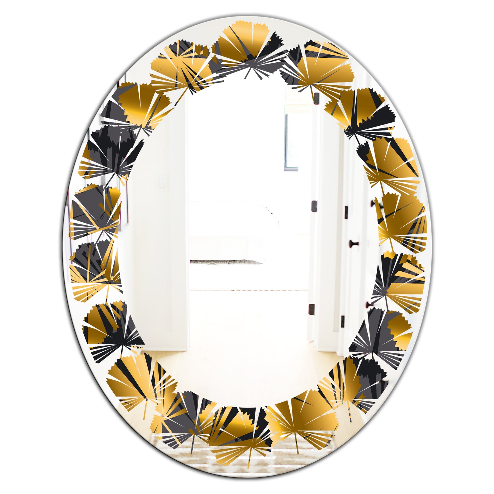Golden Palm Leaves III - Modern Round or Oval Wall Mirror - Leaves
