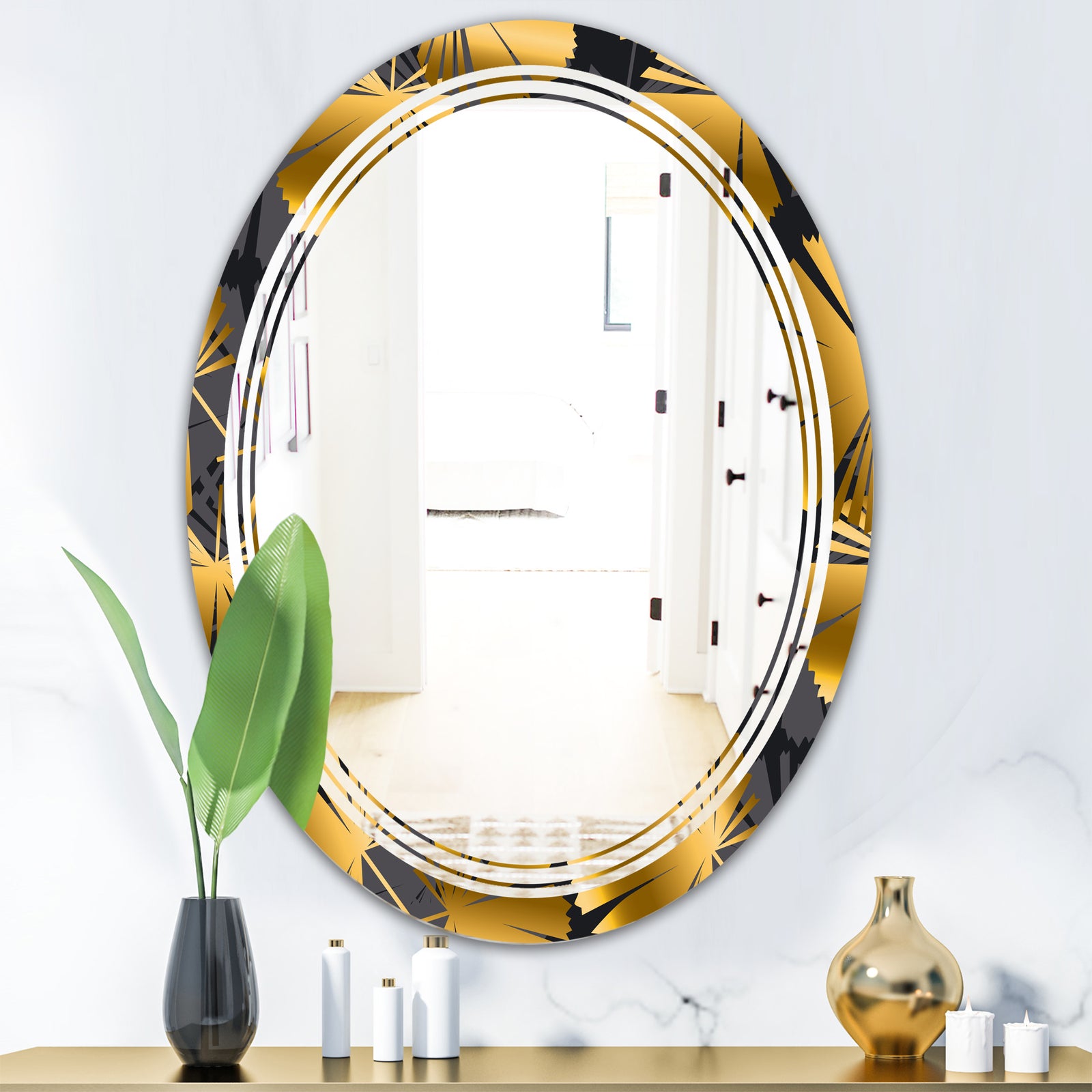 Golden Palm Leaves III - Modern Round or Oval Wall Mirror - Triple C