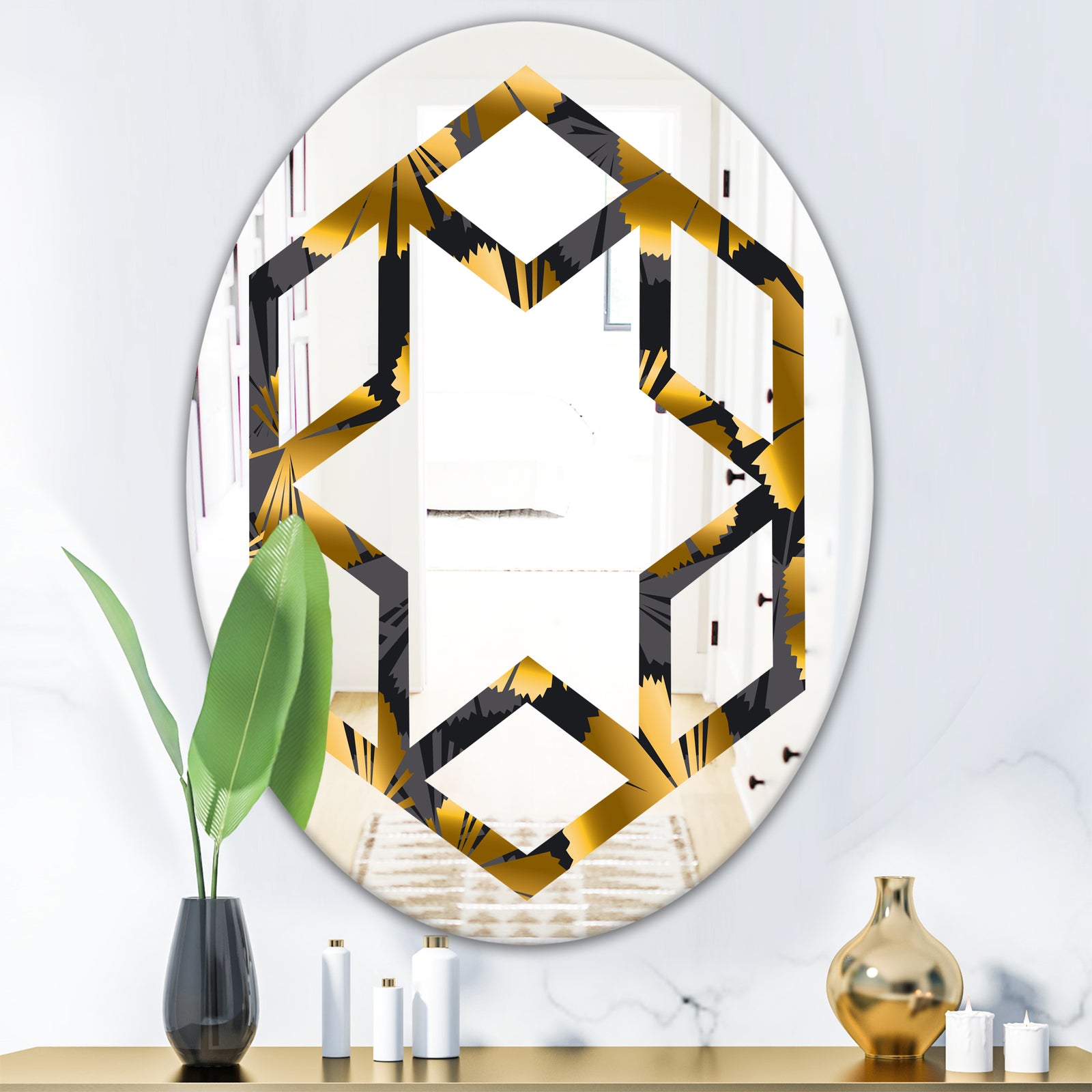 Golden Palm Leaves III - Modern Round or Oval Wall Mirror - Hexagon Star