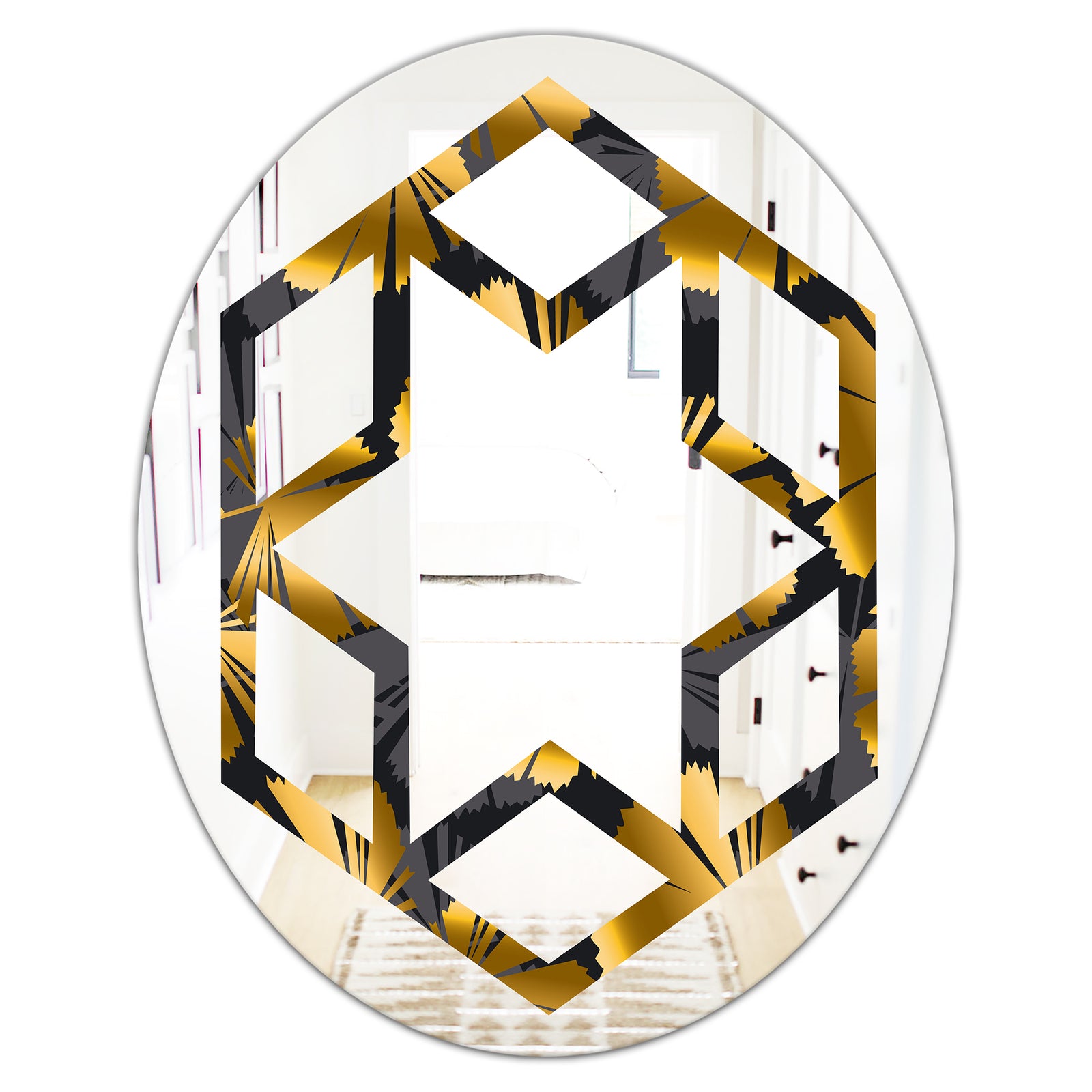 Golden Palm Leaves III - Modern Round or Oval Wall Mirror - Hexagon Star