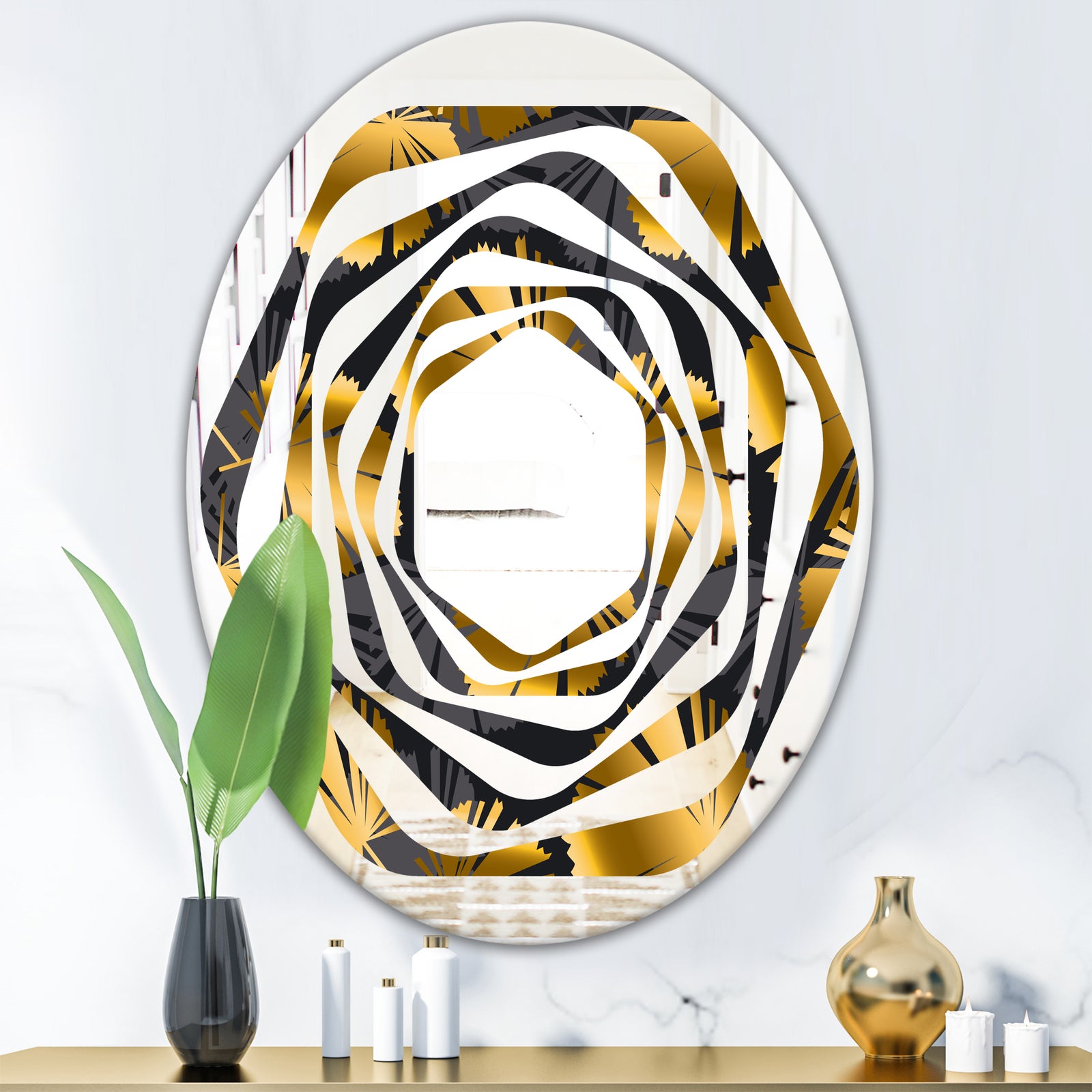 Golden Palm Leaves III - Modern Round or Oval Wall Mirror - Whirl