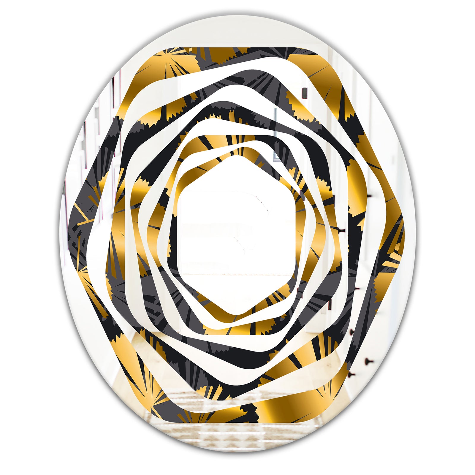 Golden Palm Leaves III - Modern Round or Oval Wall Mirror - Whirl
