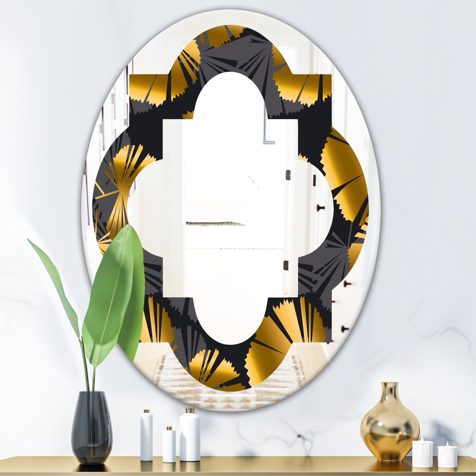 Golden Palm Leaves III - Modern Round or Oval Wall Mirror - Quatrefoil