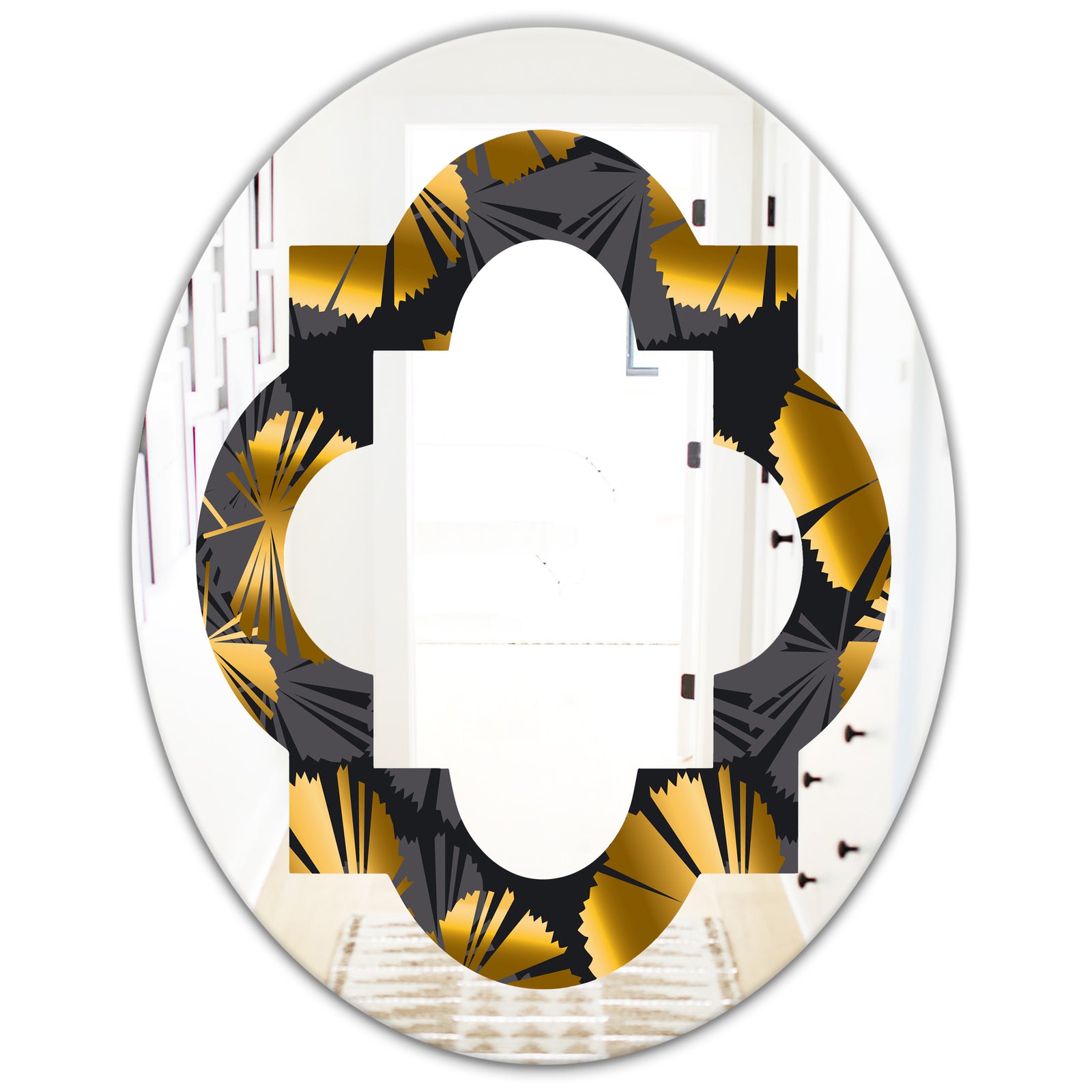 Golden Palm Leaves III - Modern Round or Oval Wall Mirror - Quatrefoil
