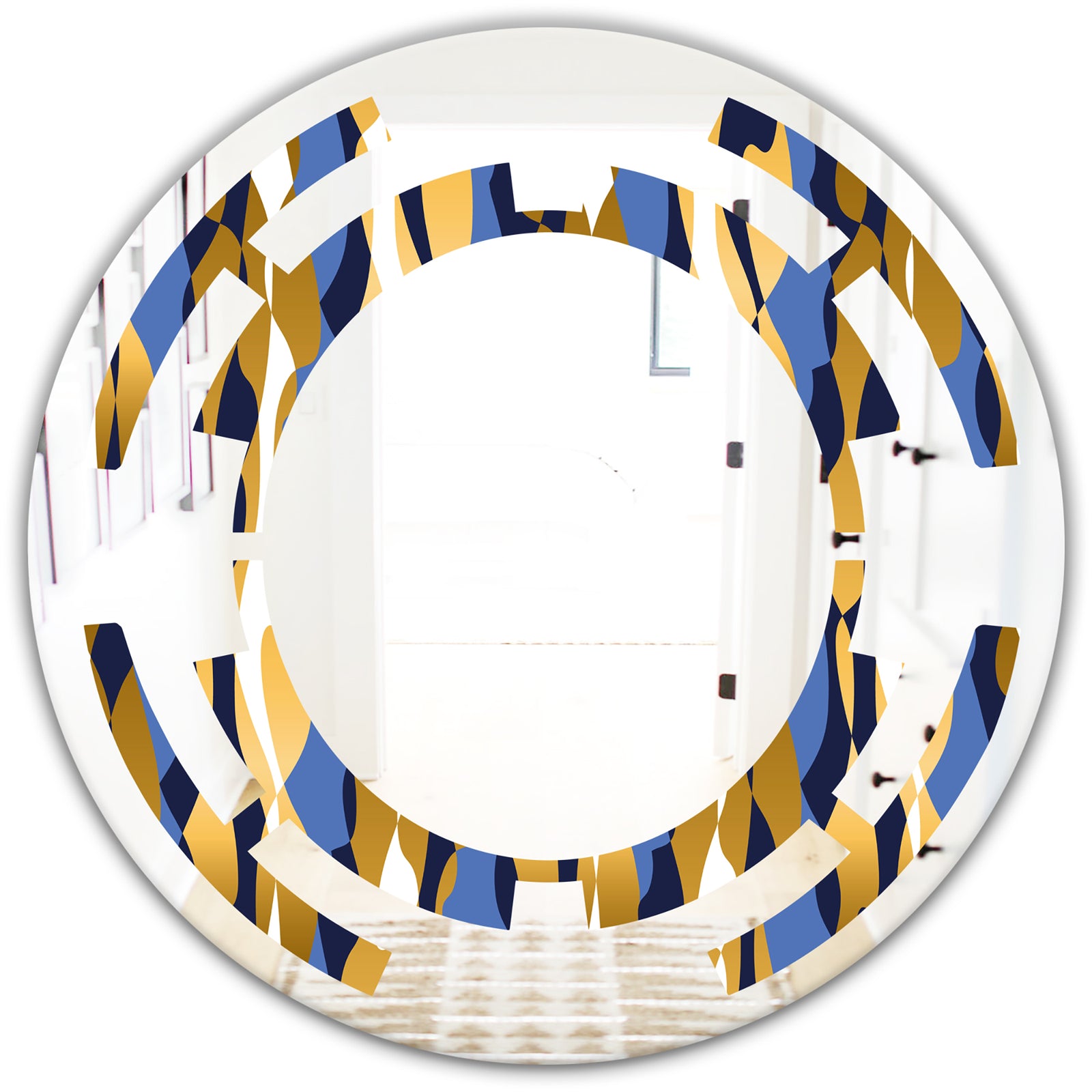Retro Luxury Waves In Gold and Blue I - Modern Round or Oval Wall Mirror - Space