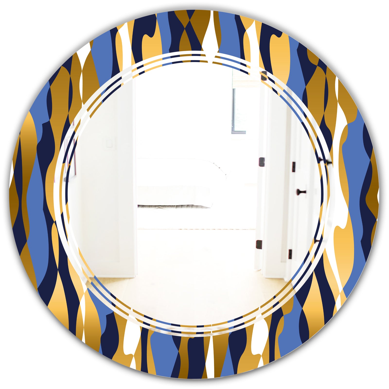 Retro Luxury Waves In Gold and Blue I - Modern Round or Oval Wall Mirror - Triple C
