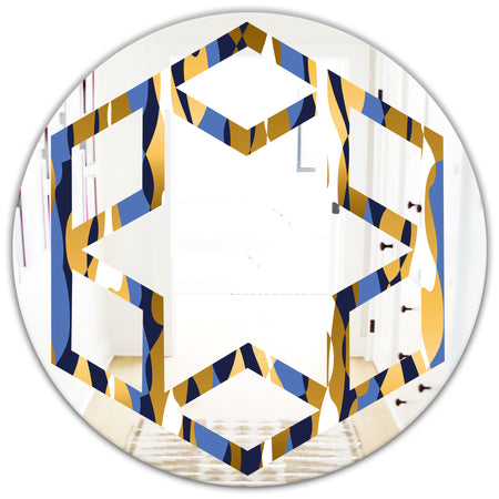 Retro Luxury Waves In Gold and Blue I - Modern Round or Oval Wall Mirror - Hexagon Star