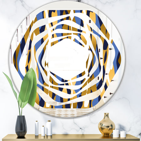 Retro Luxury Waves In Gold and Blue I - Modern Round or Oval Wall Mirror - Whirl