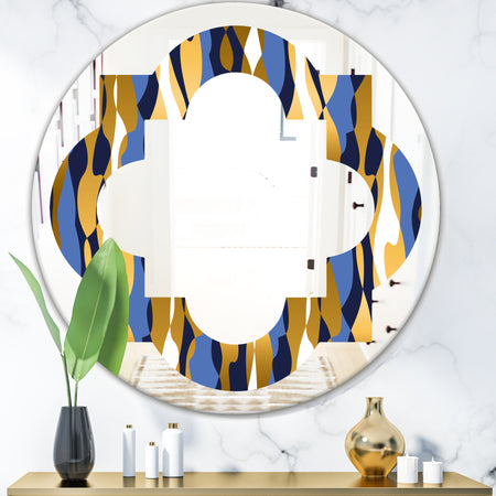 Retro Luxury Waves In Gold and Blue I - Modern Round or Oval Wall Mirror - Quatrefoil